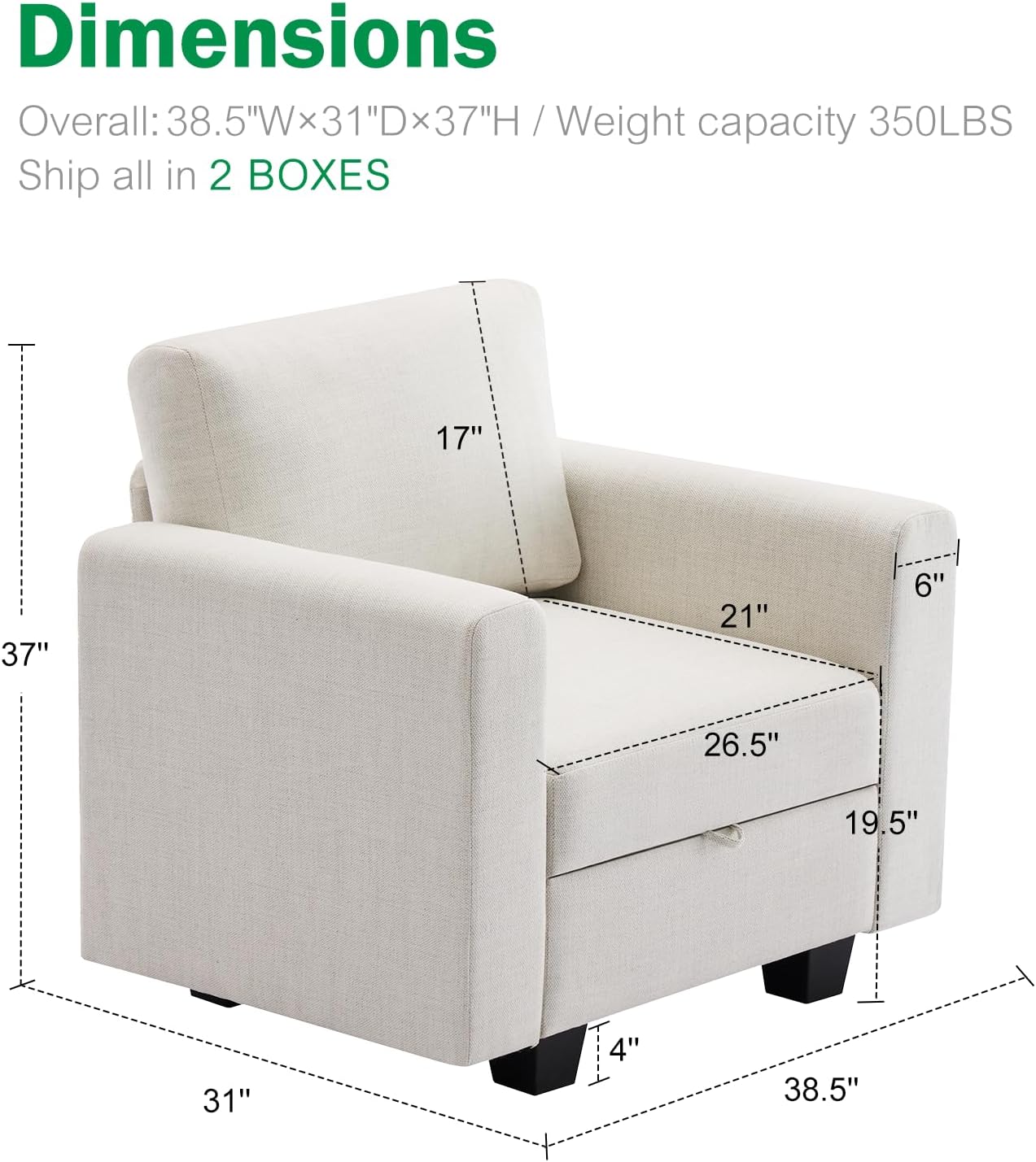 38.5 Oversized Accent Chair with Storage Beige Set of 2, Single Modern Accent Sofa Chair with Arms for Apartment Living Room Linen(21" Deep Seat)