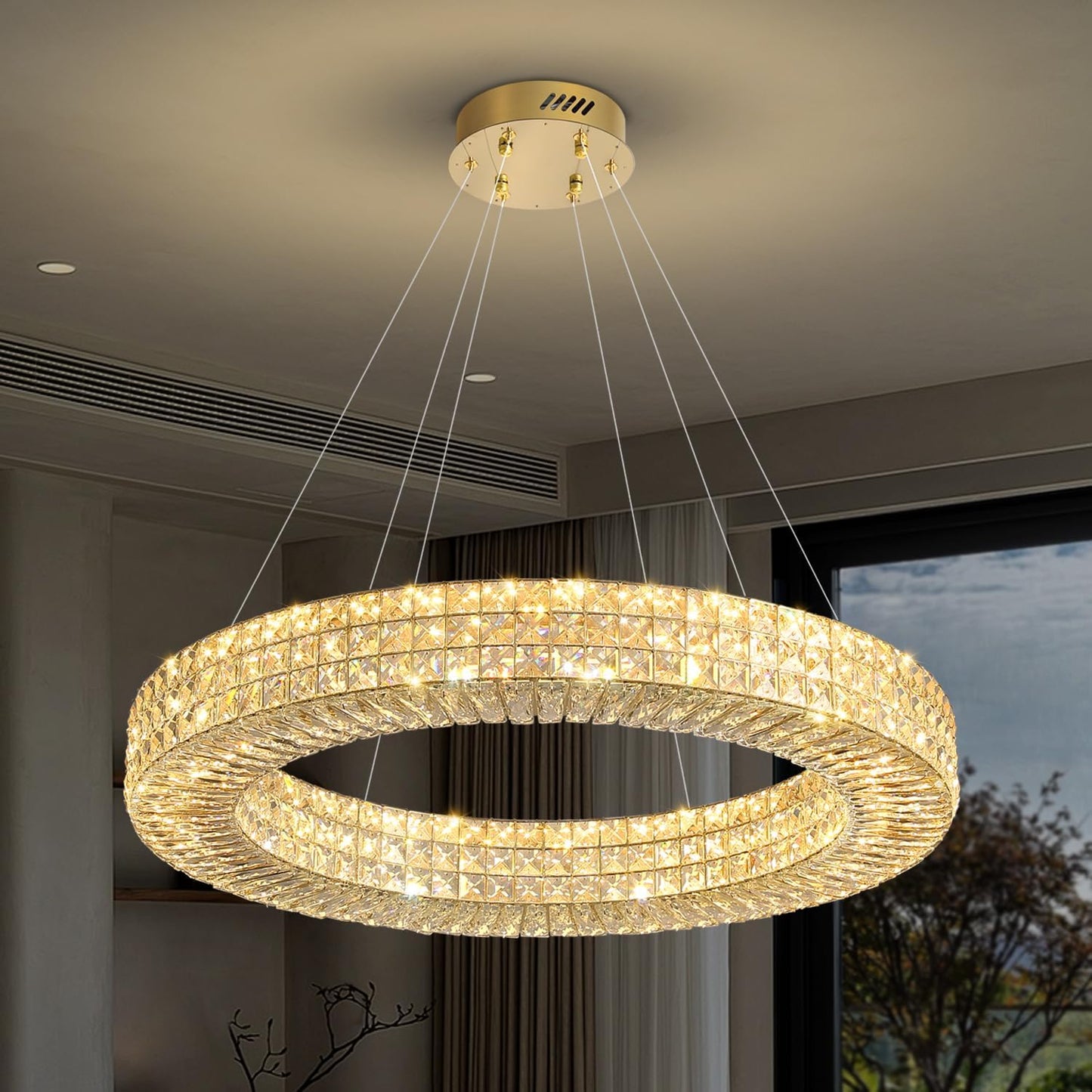 Dia 32" Ring Crystal Chandelier Modern Gold Chandelier Adjustable Height Luxury Crystal Pendant Ceiling Light Fixture for Dining Living Room Bedroom