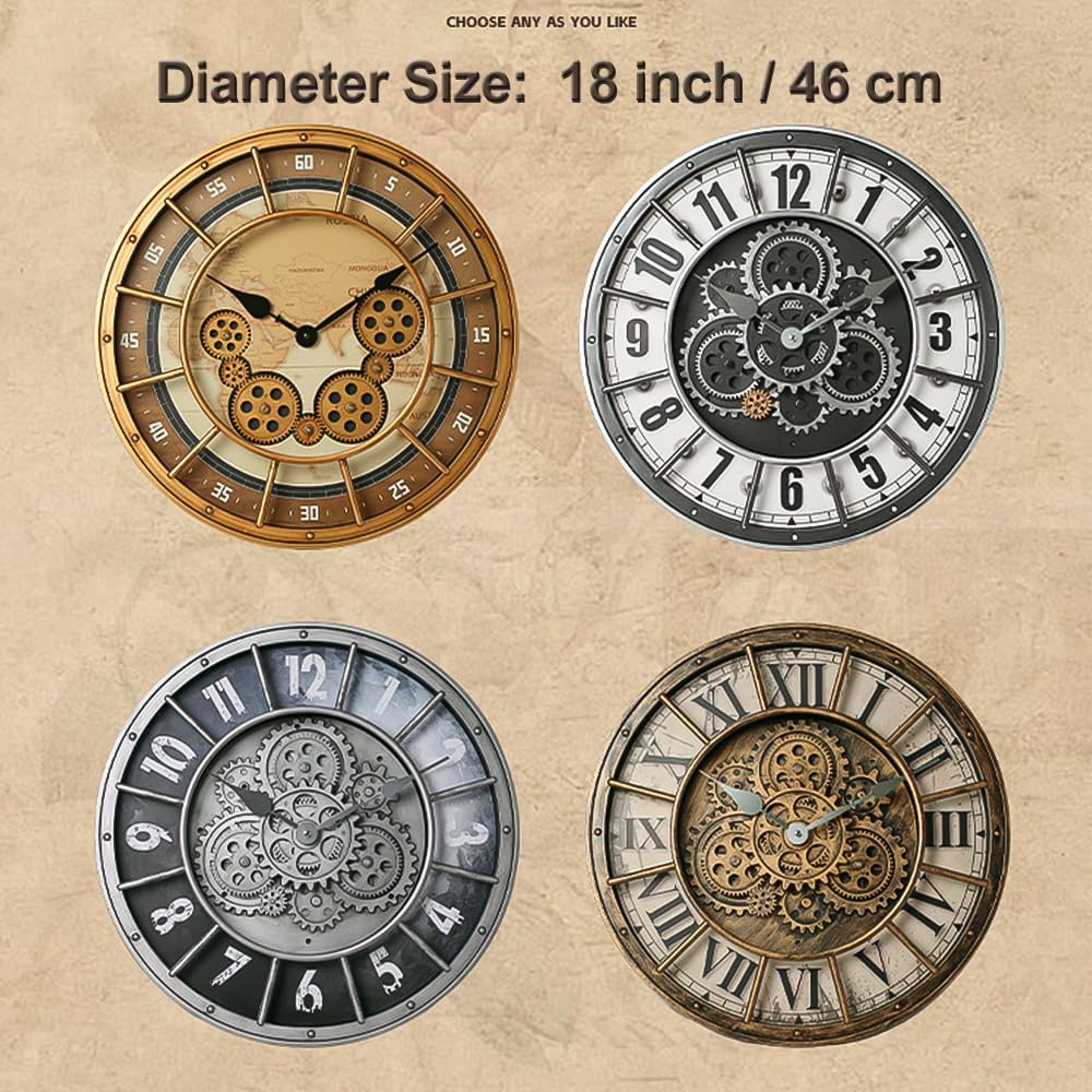 18 Inch Wall Clock with Moving Gears, Oversized Large Industrial Steampunk Decoration, Antique Metal Big Numeral Wall Clocks for Kitchen Study Room Living Room Decor (World Map Classical Gold)