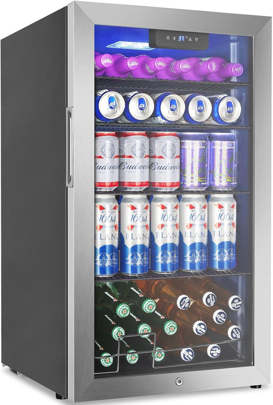 Beverage Refrigerator Cooler, 128 Cans Mini Fridge Glass Door for Drink Beer Soda Wine, 3.2 Cu.Ft Small Fridge for Kitchen Bedroom Office Bar, with 4 Adjustable Removable Shelves, Stainless Steel
