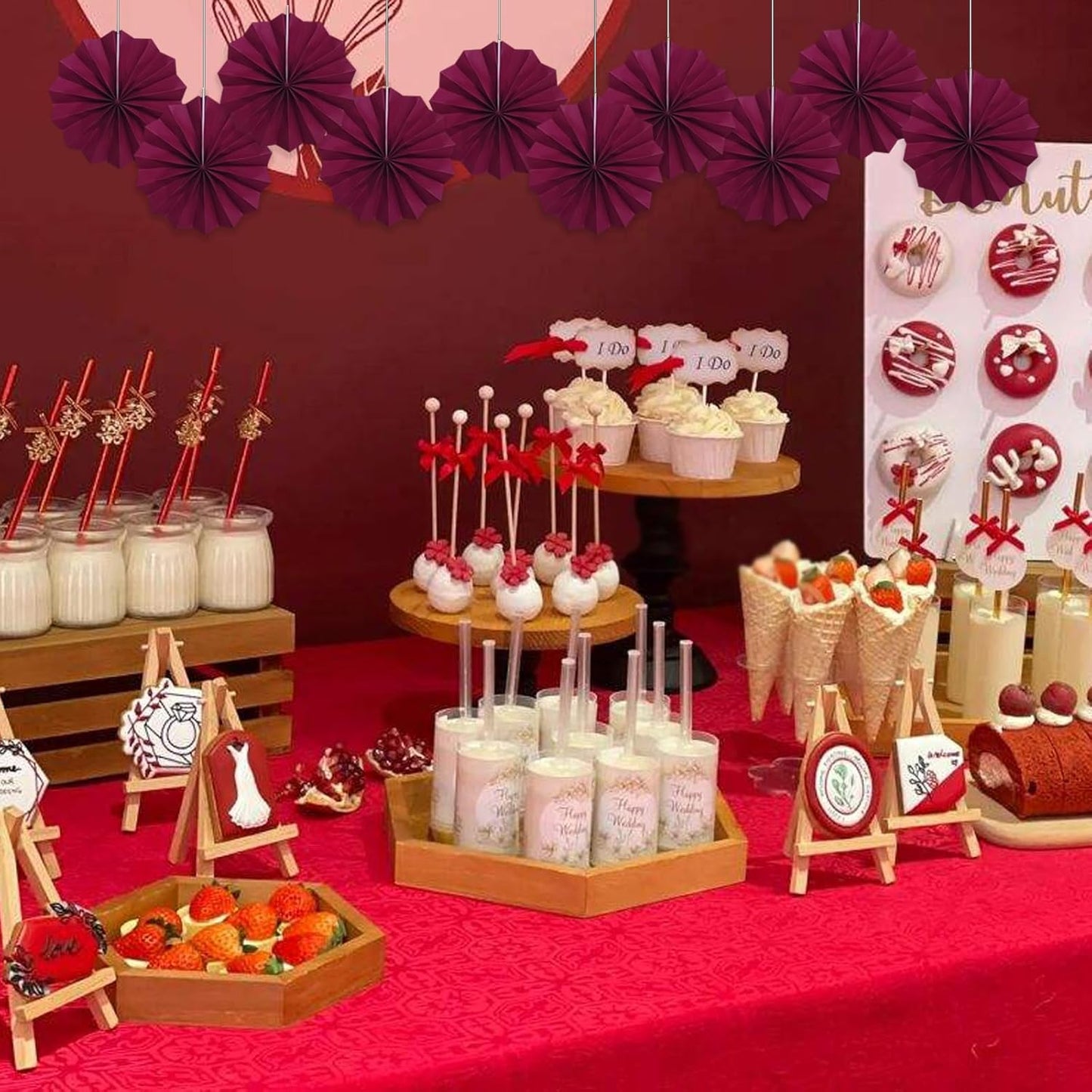 Red Party Decorations,Paper Decorations for Party,Girls Party Decorations Party Paper Fans Bulk 8in,Anniversary Decorations for Party 30 Color DIY Set （Wine Red）