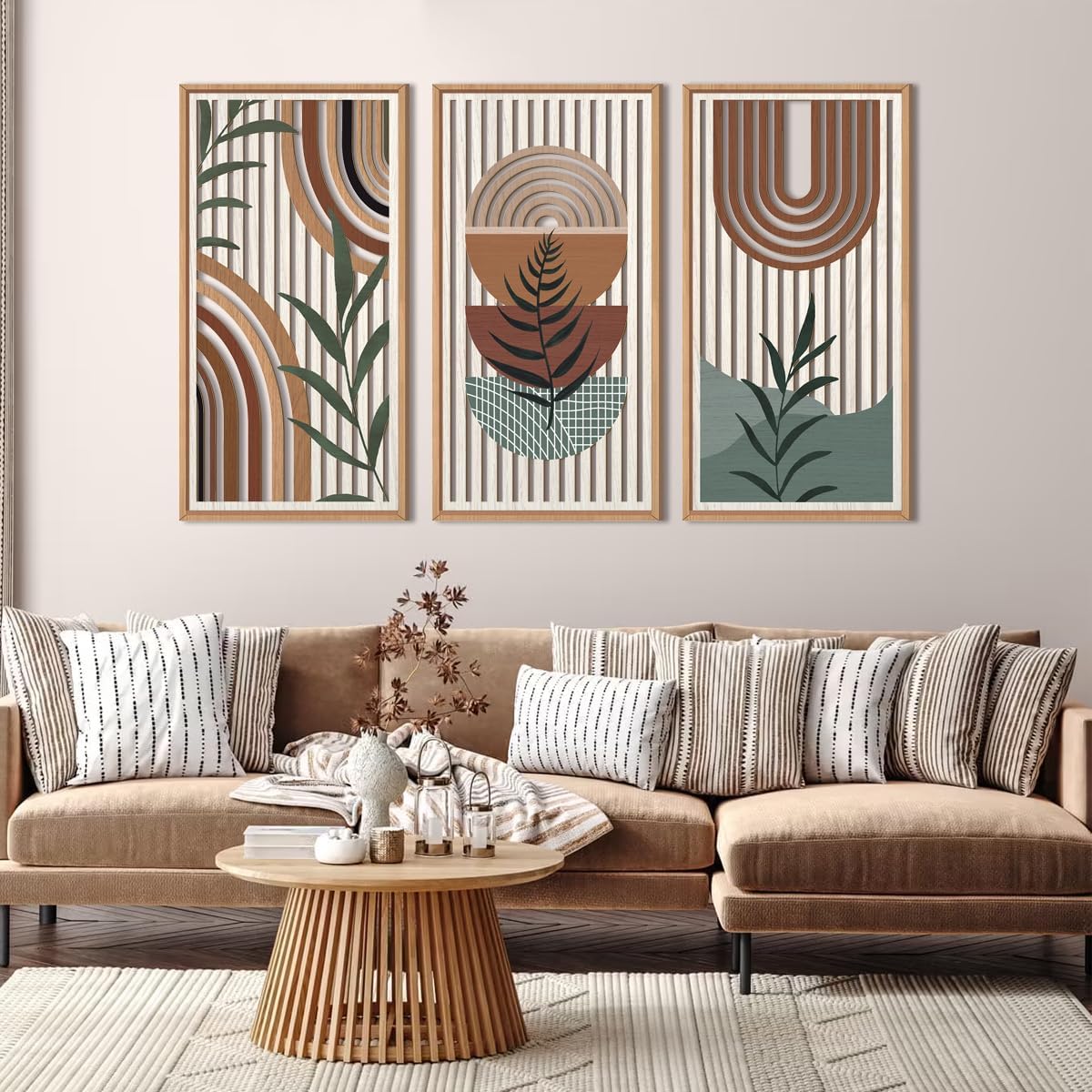 IARTTOP Large Boho Wall Art Set Of 3 Framed Mid Century Modern Wall Decor Abstract Geometric Wood Wall Art For Bedroom Living Room Office 16"x 32"