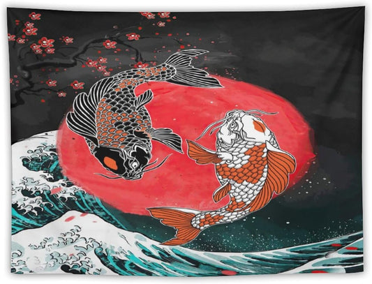Houselerax Koi Fish Tapestries,Japanese Style Yin Yang Big Wave Cherry Blossoms Tapestry Wall Hanging for Bedroom Living Room Office Decor 90"x60"