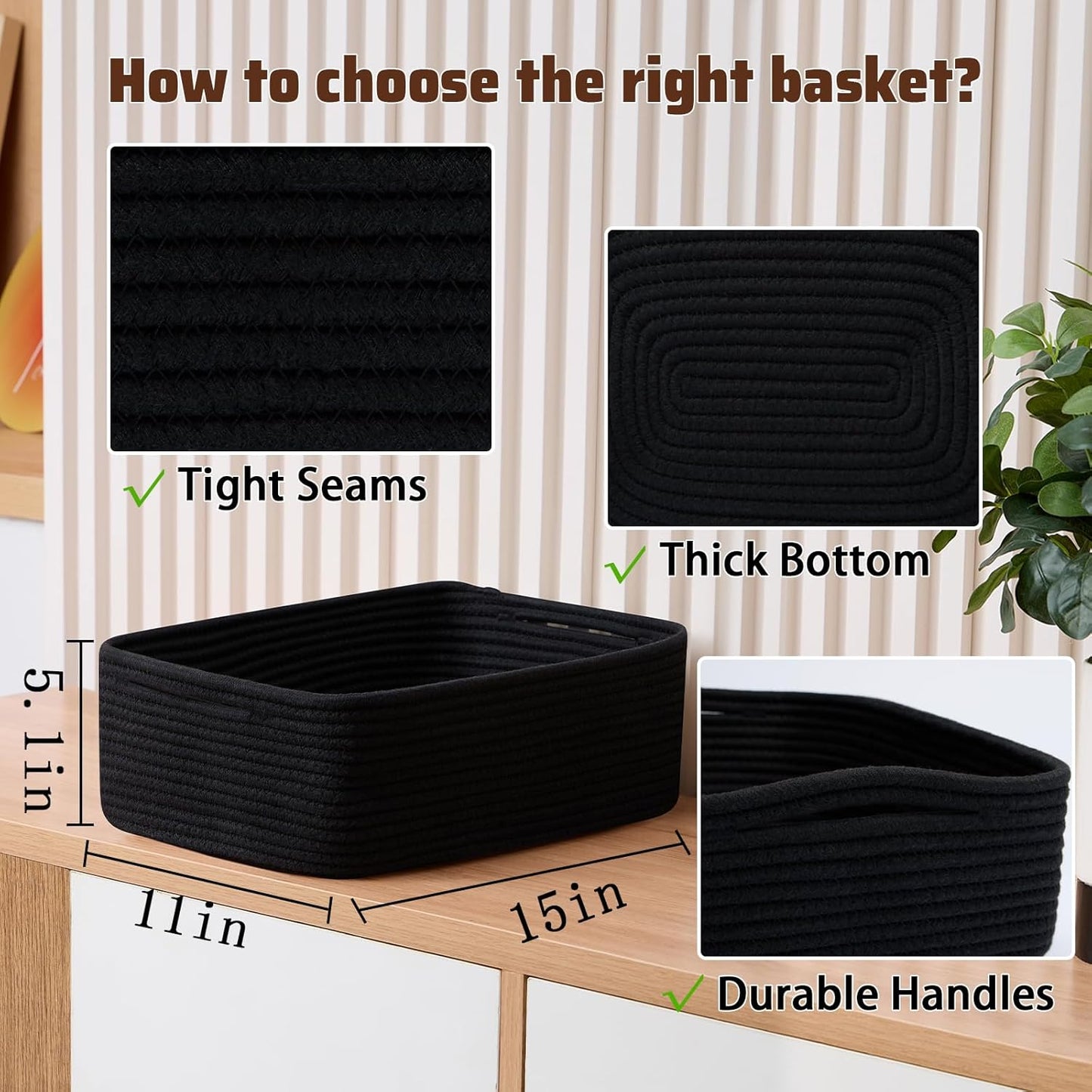 Large Shallow Organizing Baskets 15x11x5.1 Inches - Rope Woven Storage Bins for Bathroom, Shelves, Cube Closet, Black 2 Packs