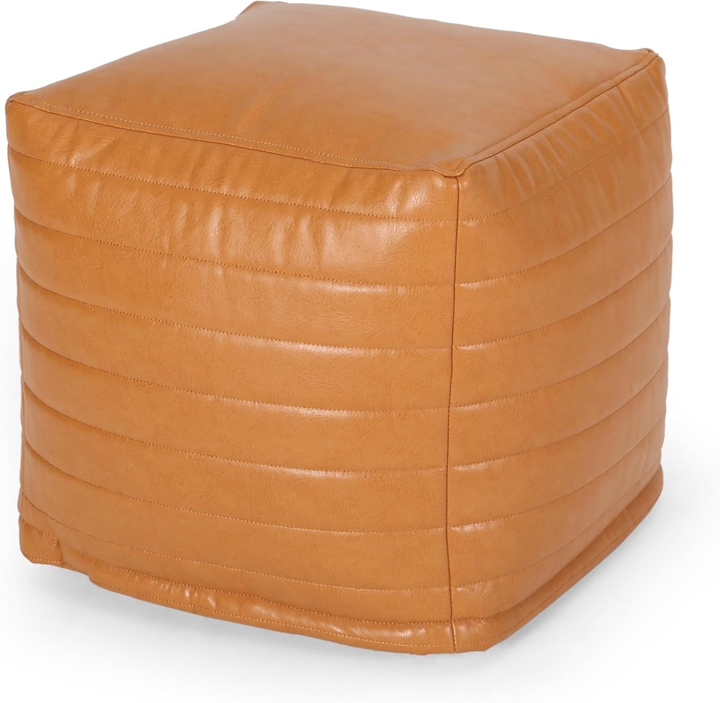 GDFStudio Contemporary Faux Leather Channel Stitch Pouf Ottoman Foot Stool - Bean Bag Floor Chair - Foot Rest Couch for Living Room Bedroom,Caramel Cube,16"" x 16"" x 16"", Conrai,caramel, 314802N