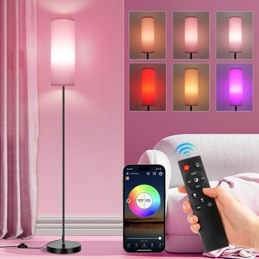 FRIDEKO HOME Pink Shade Floor Lamp with RGB Music Sync, 16 Million Colors & Stepless Dimming 2700K-6500K, 3CCT, 800LM LED Bulb with App & Remote, Modern Standing Light for Living Room, Bedroom, Office