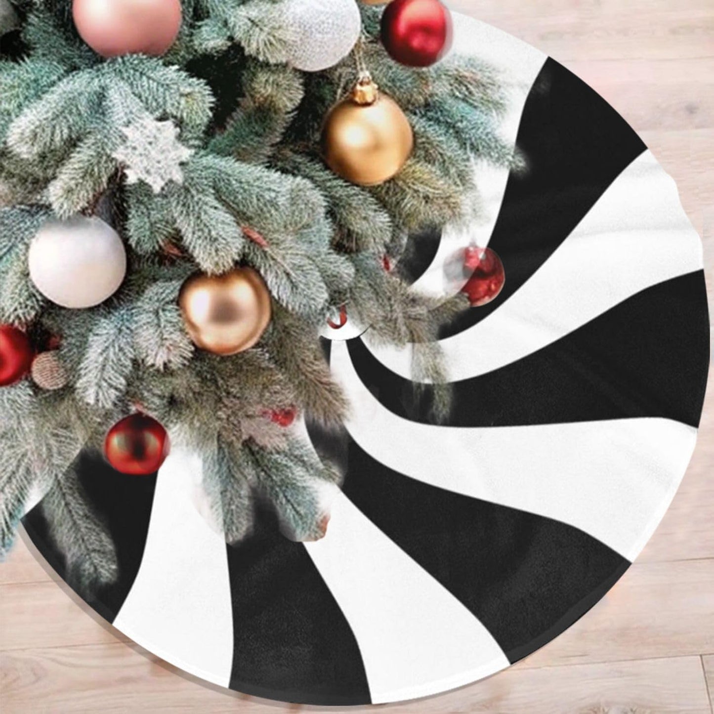 48" Black and White Peppermint Candy Christmas Tree Skirt, Tree Mat Base Cover for Xmas Festive Holiday Party Decoration Ornaments