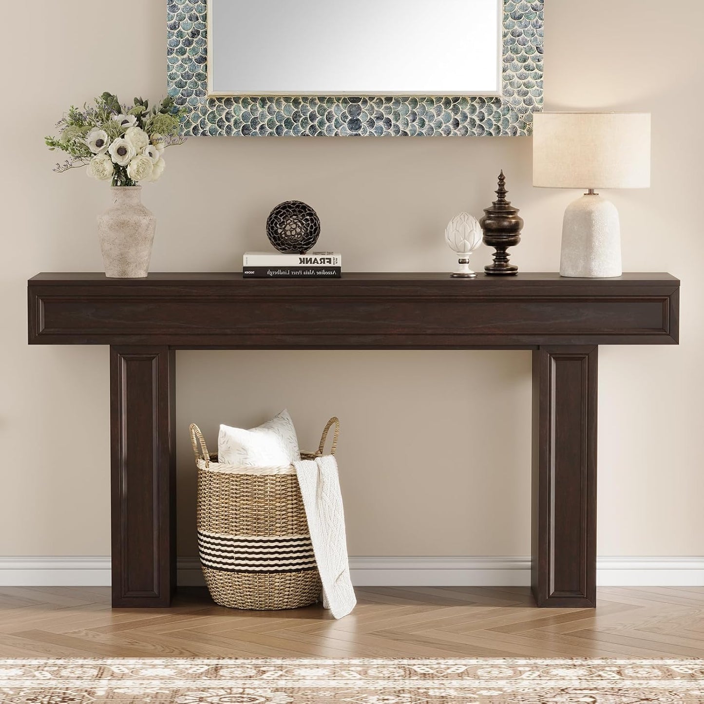 Rresyet 63 Inch Long Console Table, Sofa Table Behind Sofa, Wooden Entryway Table, Farmhouse Entryway Table for Entry, Hallway, Living Room (Cherry)