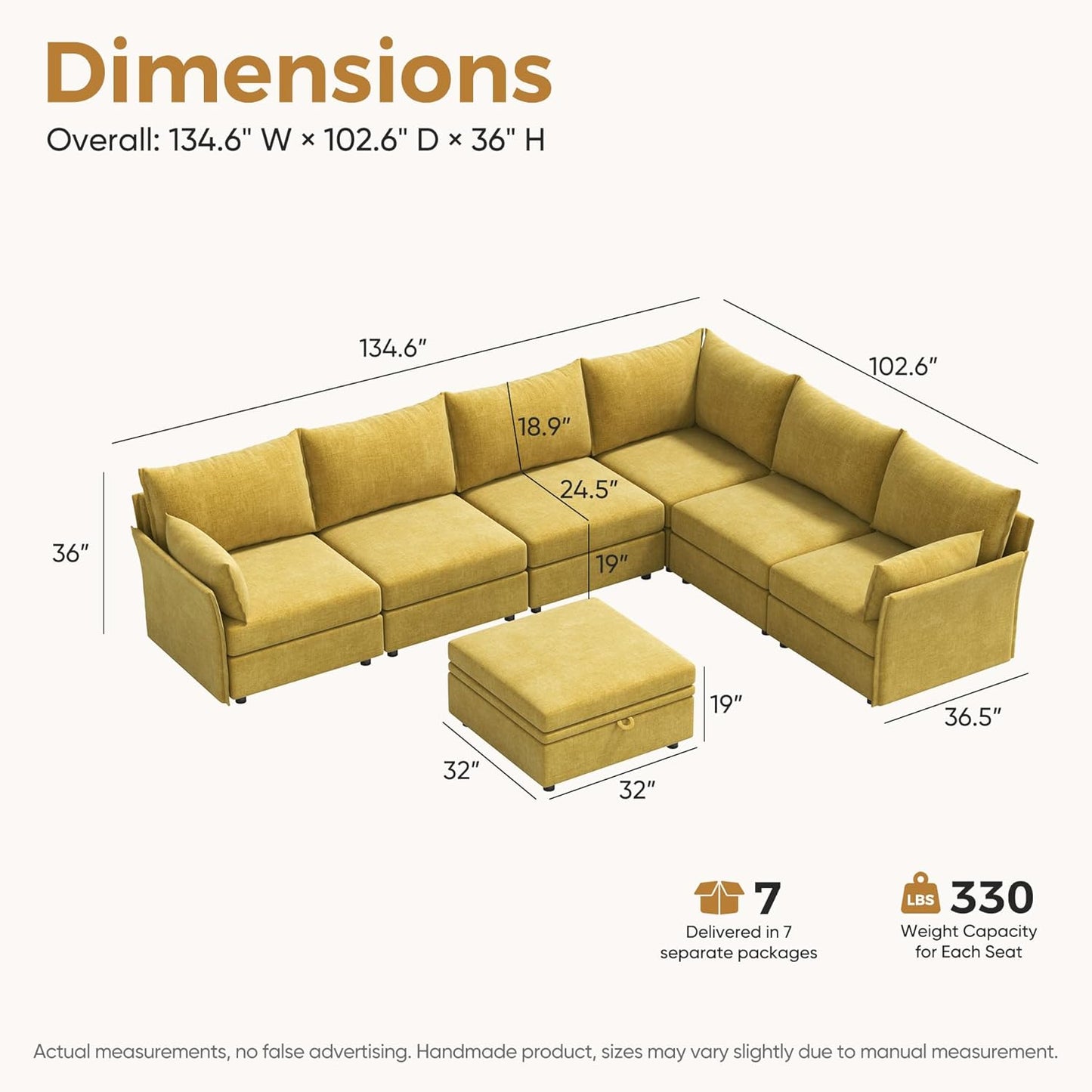 136.4" Oversized Modular Sectional Sofa, L Shaped Convertible Couch with Movable Ottoman, Large 7 Seat Corner Couches for Living Room Deep Seat Yellow Chenille