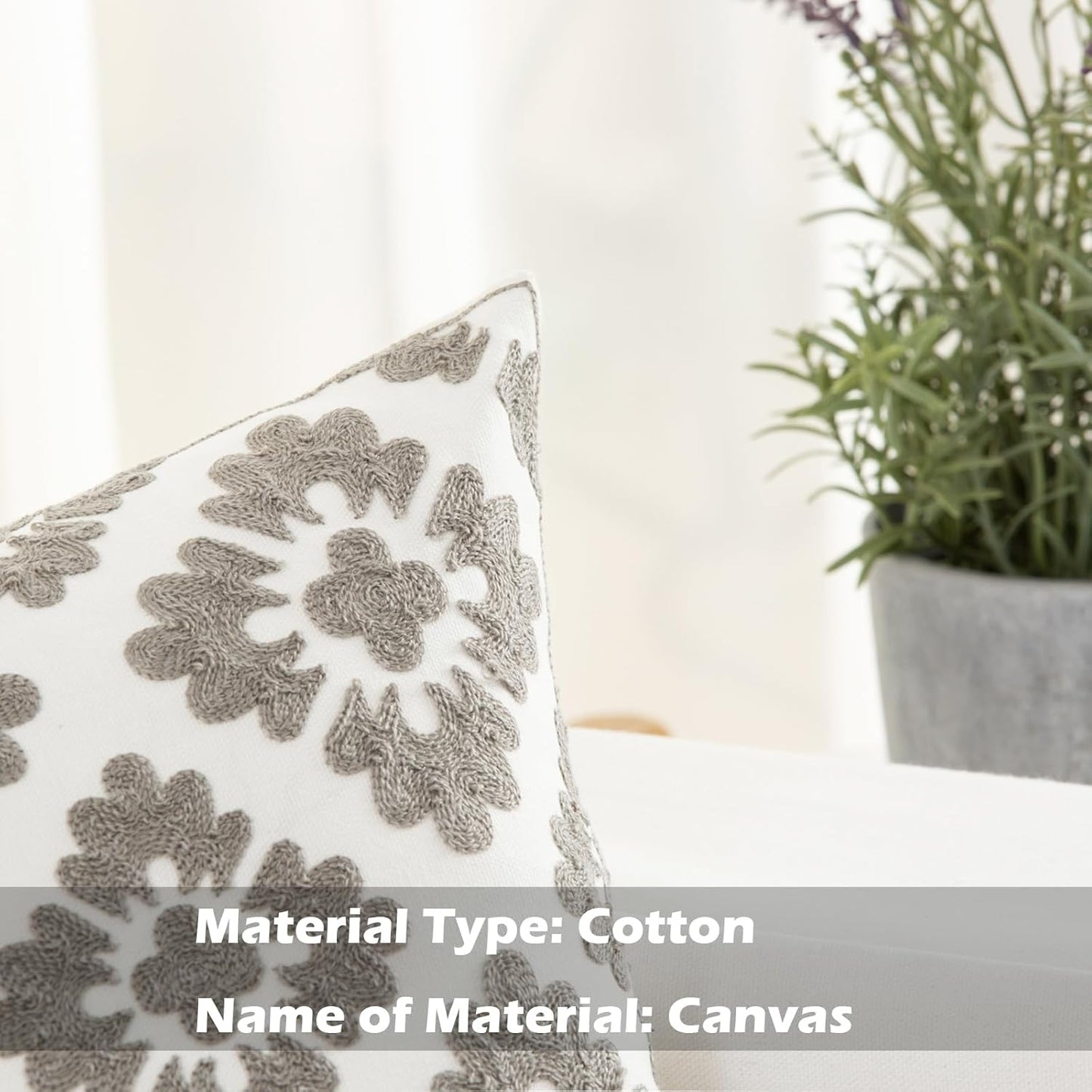 HWY 50 Grey Gray Decorative Throw Pillow Covers 18x18 Inch (1 Piece), Embroidered Cotton Farmhouse Cushion Cover Pillow Case for Sofa Couch Living Room Bed, Geometric Diamond Floral