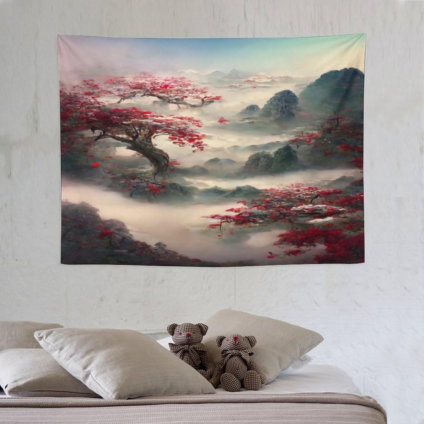 Houselerax Japanese Tapestry, Red Plum Cherry Blossom Mountain Tapestries, Asian Japanese Wall Decor, Nature Landscape Tapestries for Bedroom Living Room Decor 40"x30"