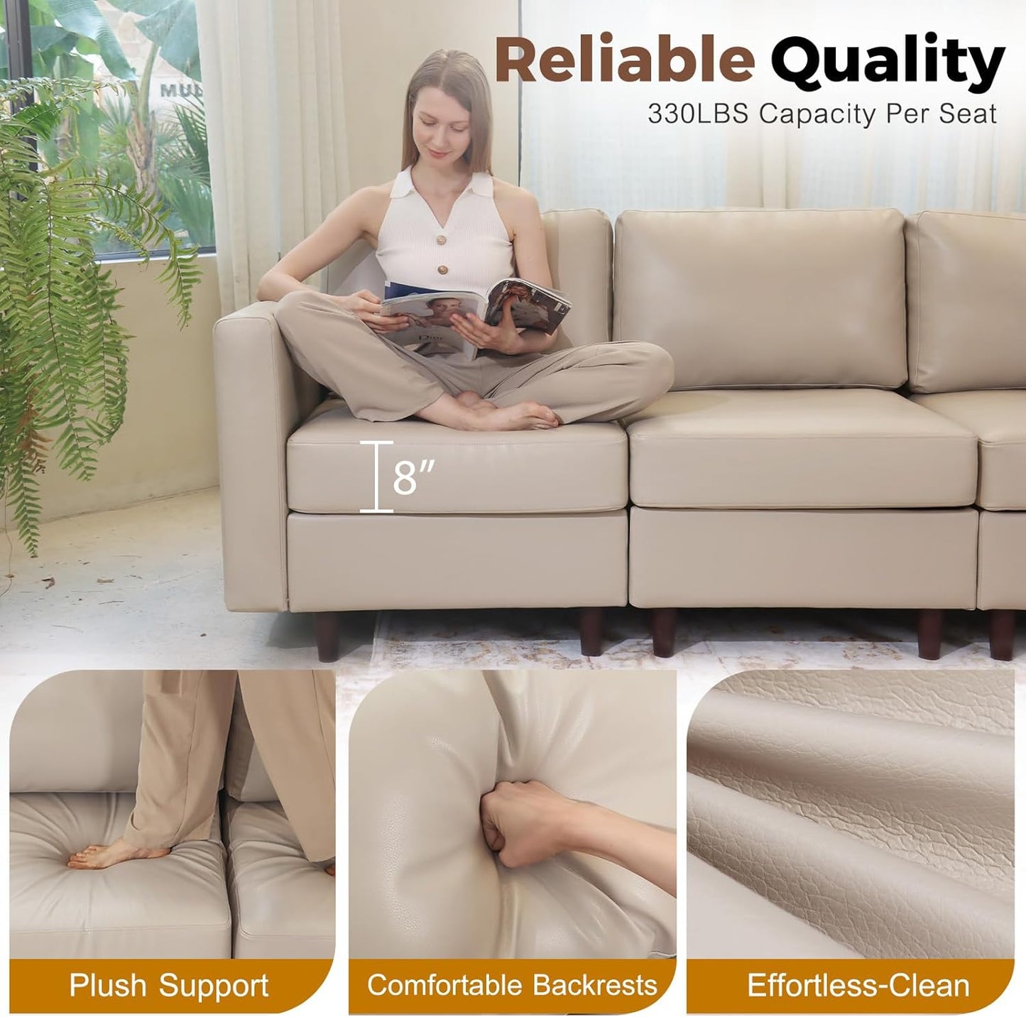 118.5" Faux Leather Modular Sectional Sofa, Modern Large 8 Seater U Shaped Couch with Storage Seat with Reversible Chaise Deep Seat for Living Room DIY Combination - Whitesand