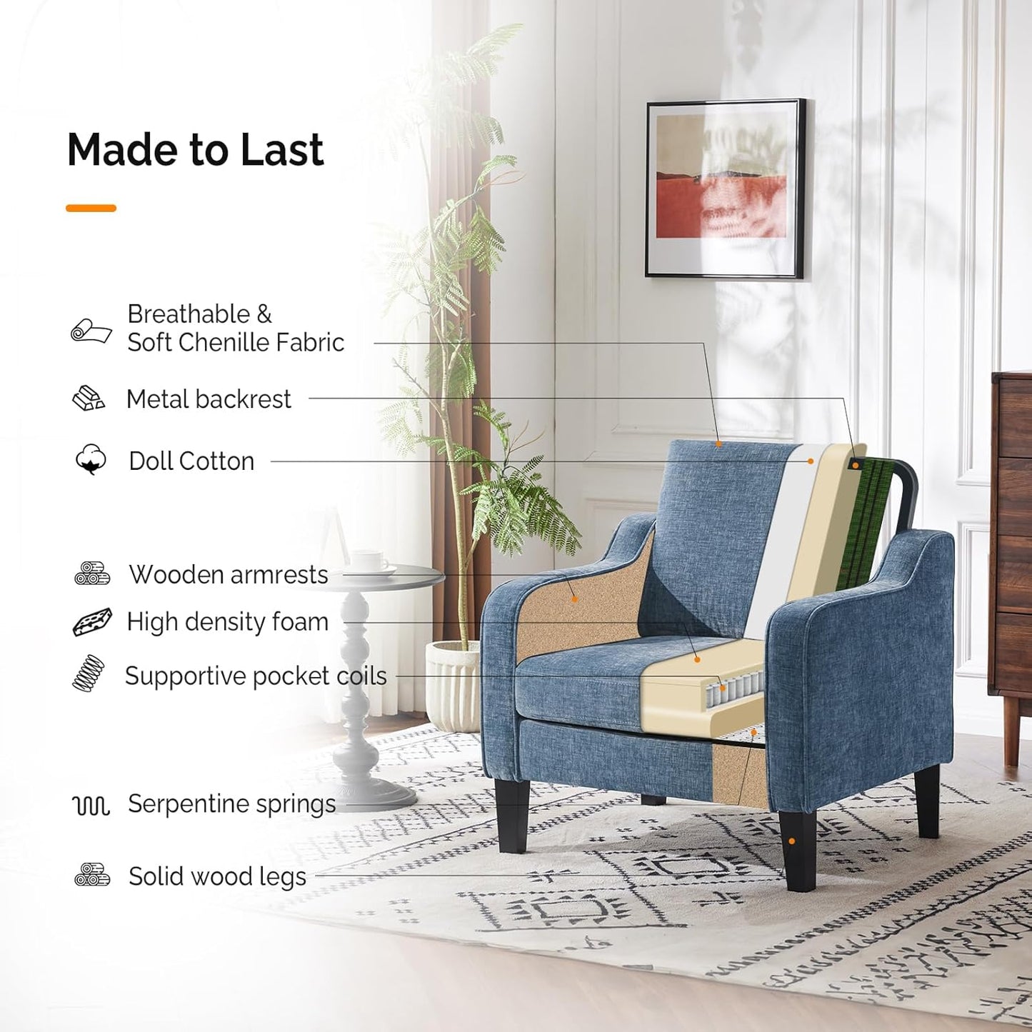 VINGLI Mid Century Modern Accent Chair Set of 2,Navy Blue Chenille Chairs for Living Room Upholstered Armchair with Scooped Arms for Bedroom,Apartment,Studio,Office,Waiting Room