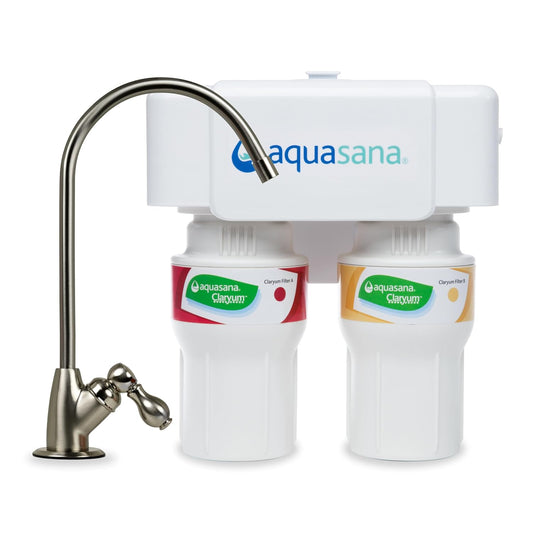 Aquasana Under Sink Water Filter System - Reduces PFAS, Lead, & Chlorine in Drinking Water - Under Counter Claryum Filtration for Kitchen - 2-Stage - Brushed Nickel Faucet - AQ-5200.55