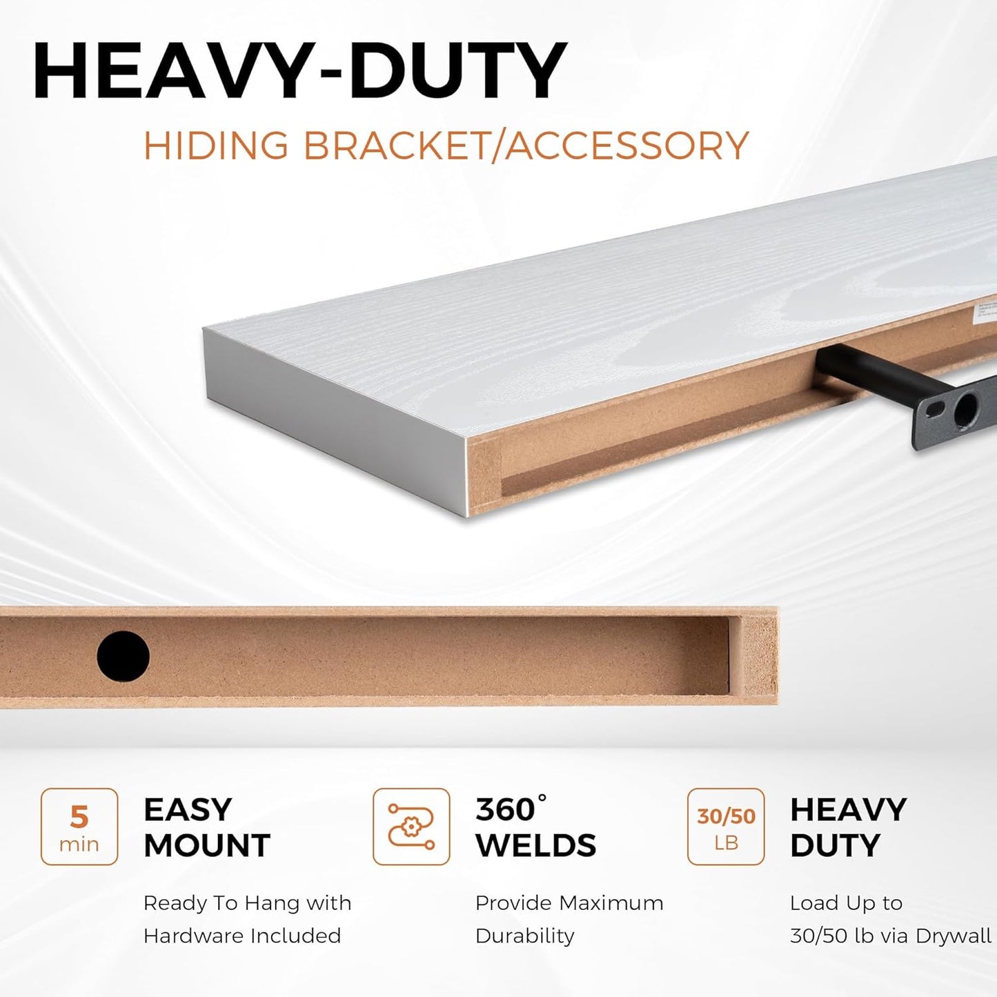 Fun Memories Floating Shelves for Wall, 30" Rustic Wood Deep Wall Mounted Shelves with Invisible Brackets for Decor & Storage, Floating Shelf for Living Room, Bathroom (White, Set of 2)