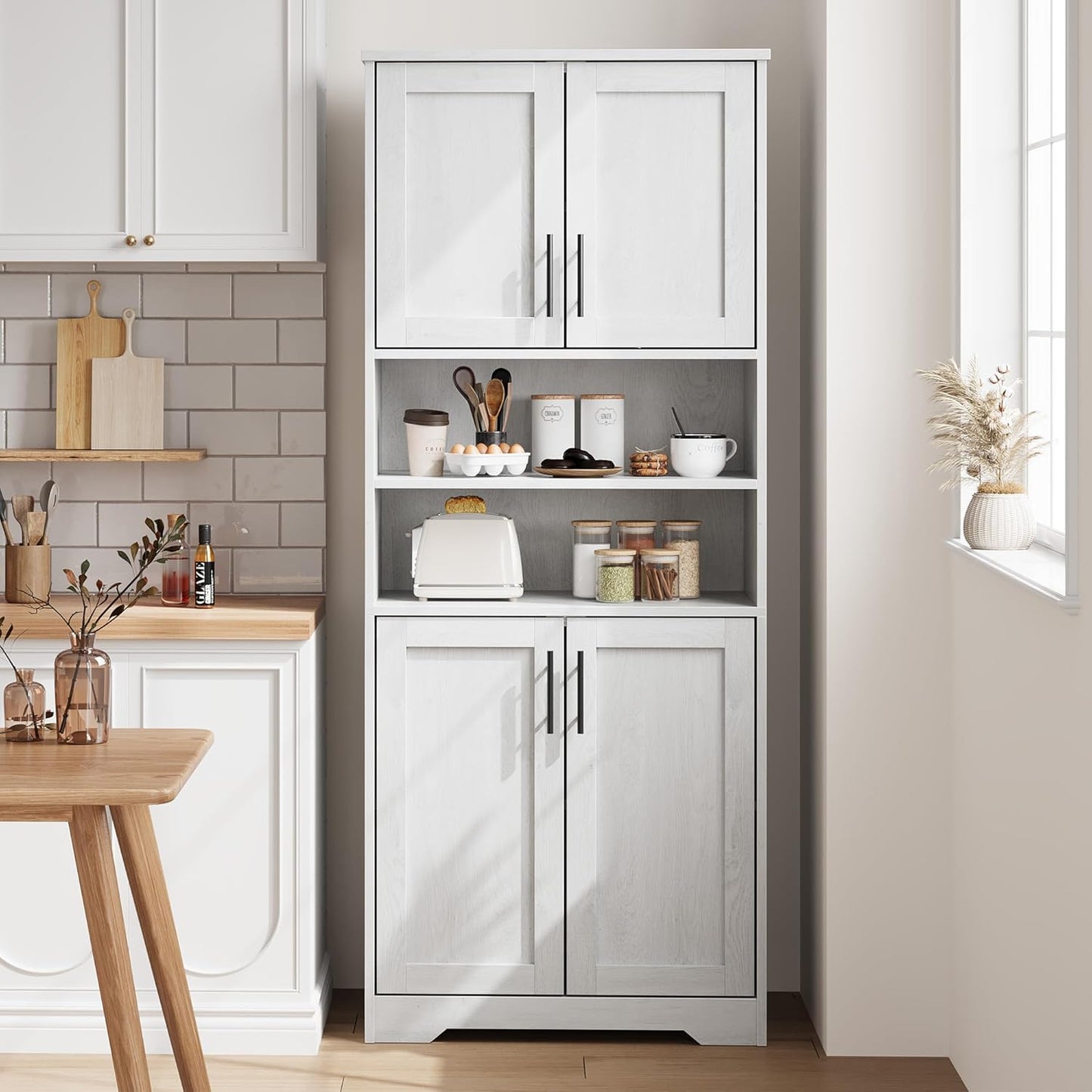 GarveeHome 67" Tall Storage Cabinet, Tall Bathroom Cabinet with 4 Doors and Adjustable Shelves, Freestanding Kitchen Pantry Cabinets, Cupboard for Living Room, Dining Room, Antique White