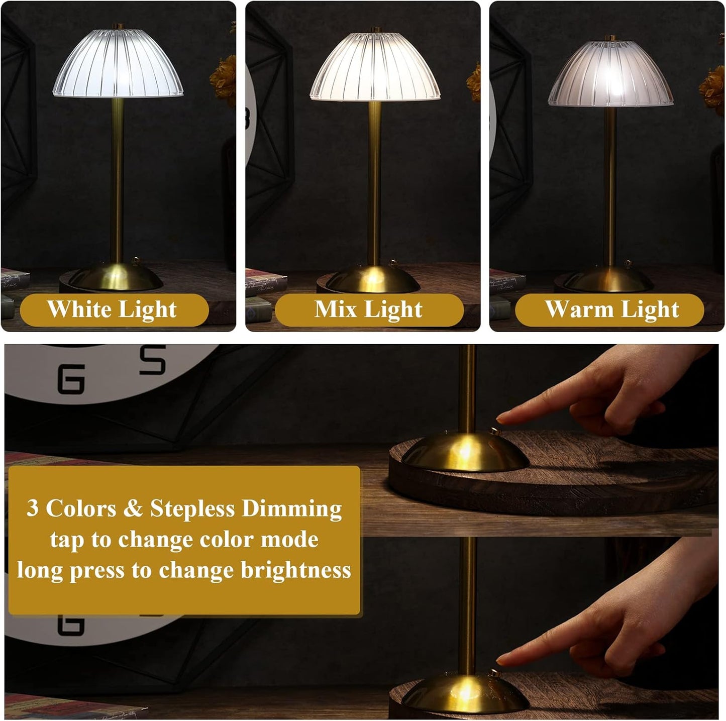 Liliful 4 Pcs LED Portable Cordless Table Lamp Touch Battery Operated Rechargeable Desk Lamp 3 Color Dimmable for Bedroom Living Room Dining (Mushroom Style,Gold)