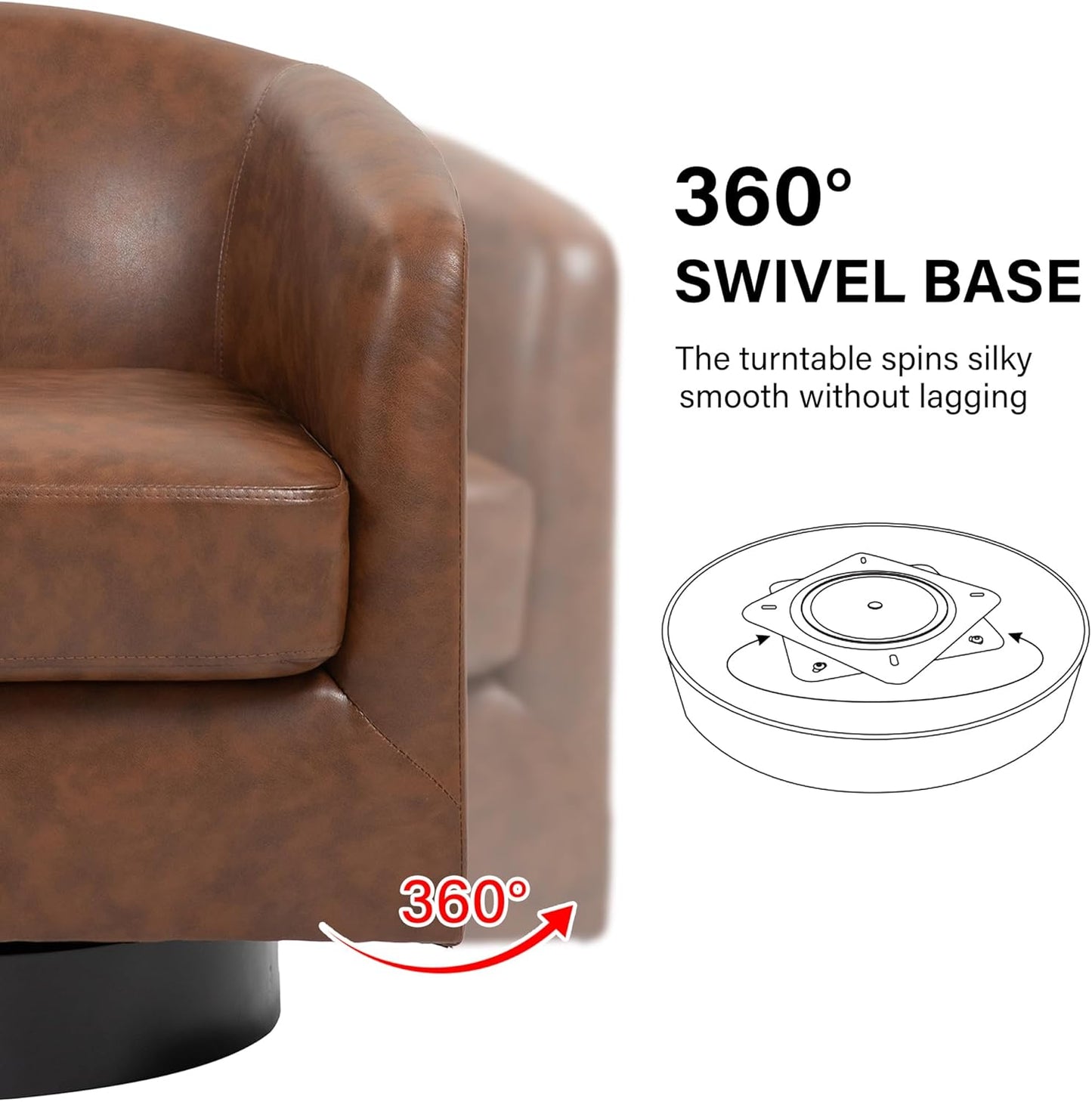 Swivel Barrel Accent Chair, Modern Round Faux Leather Arm Chair for Living Room, Bedroom, Comfy Club Reading Chairs for Adults(Faux Leather, Coffee, Set of 2)