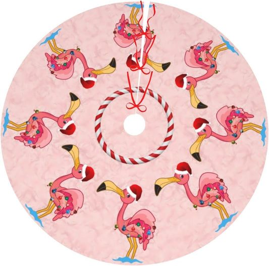 48" Large Christmas Tree Skirt, Christmas Decorated Flamingo Pattern Tree Mat Base Cover for Xmas Festive Holiday Party Decoration Ornaments