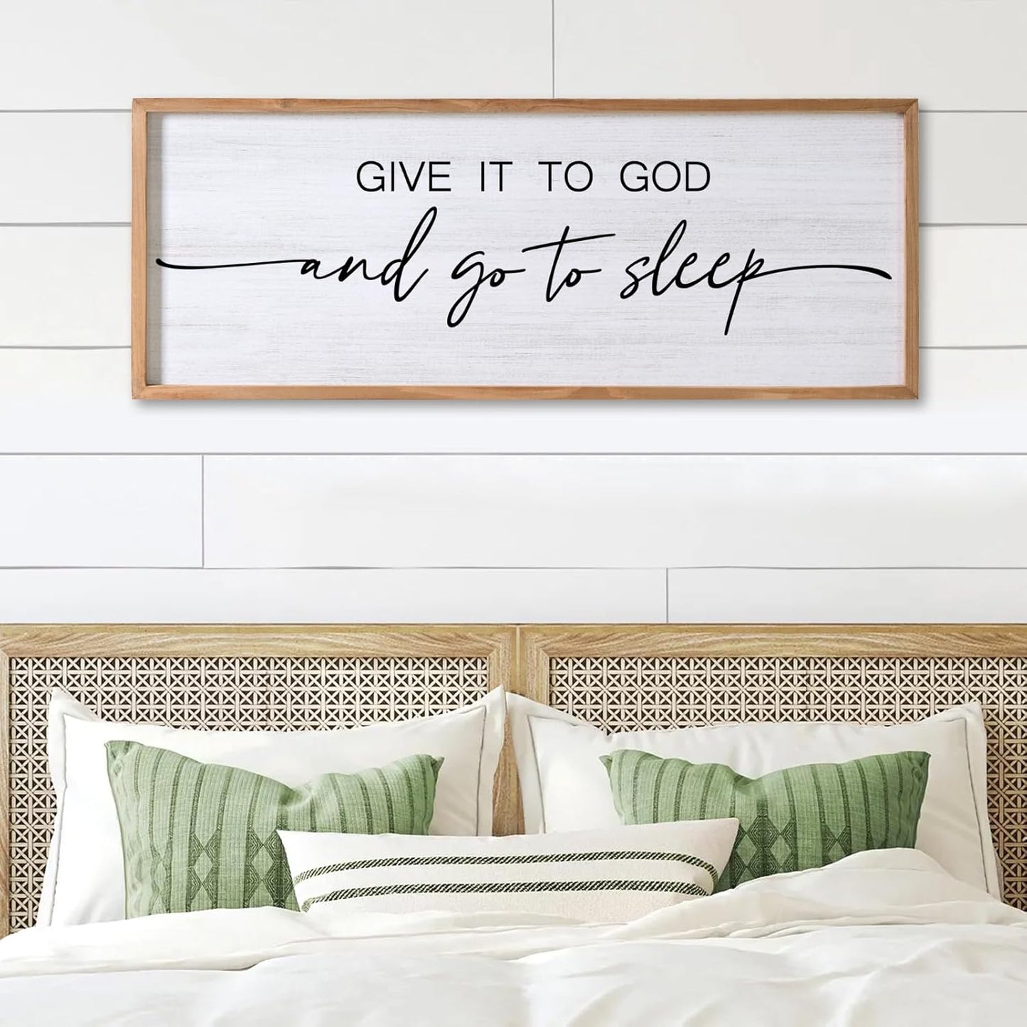 Give It to God and Go to Sleep Decorative Rustic Sign & Plaque Framed Wall Art for Couples, 40''×15'' Vintage Cottagecore Wooden Horizontal Wall Decor Above Bed, Farmhouse Wedding Gift for Bedroom