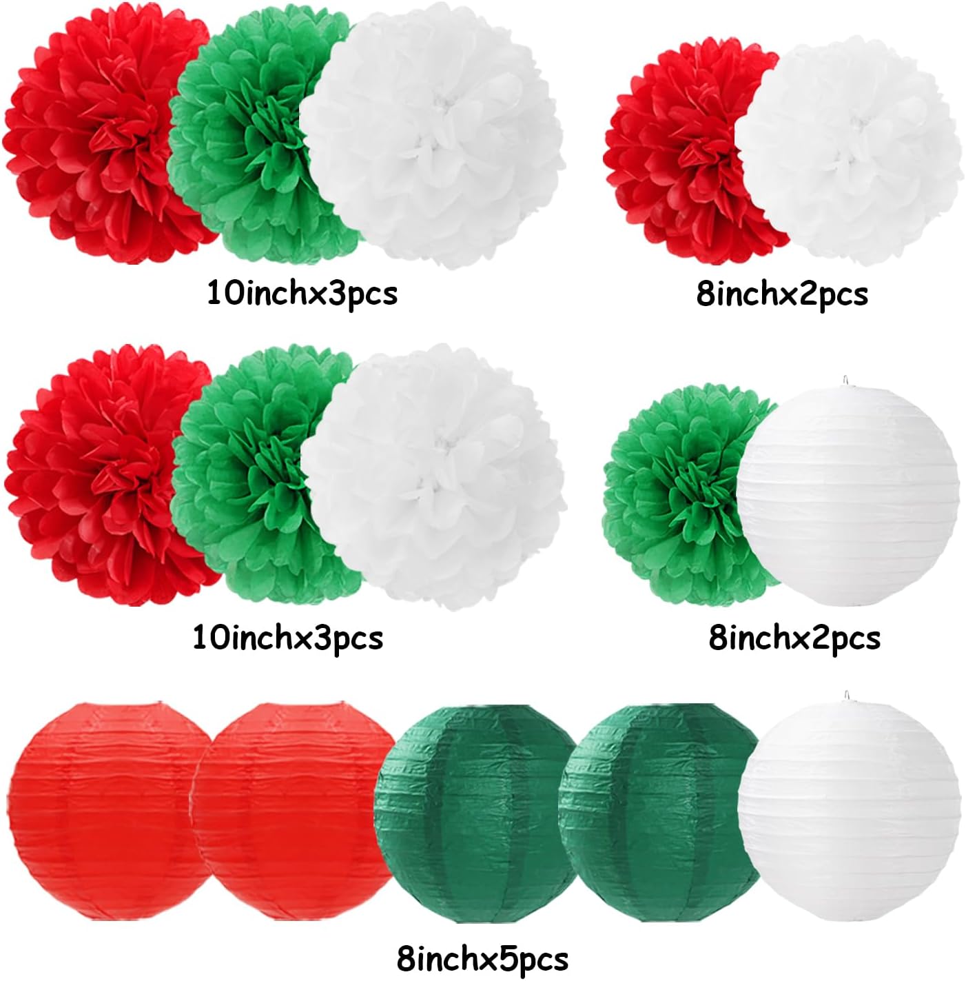 Red-Green White Party-Decorations Christmas Flowers Lanterns - 15PCS Italian Mexican Independence Day Paper Tissue Pom Poms Streamers,Mexico Italy Birthday Baby Shower Wedding Hanging Decor Hugfond