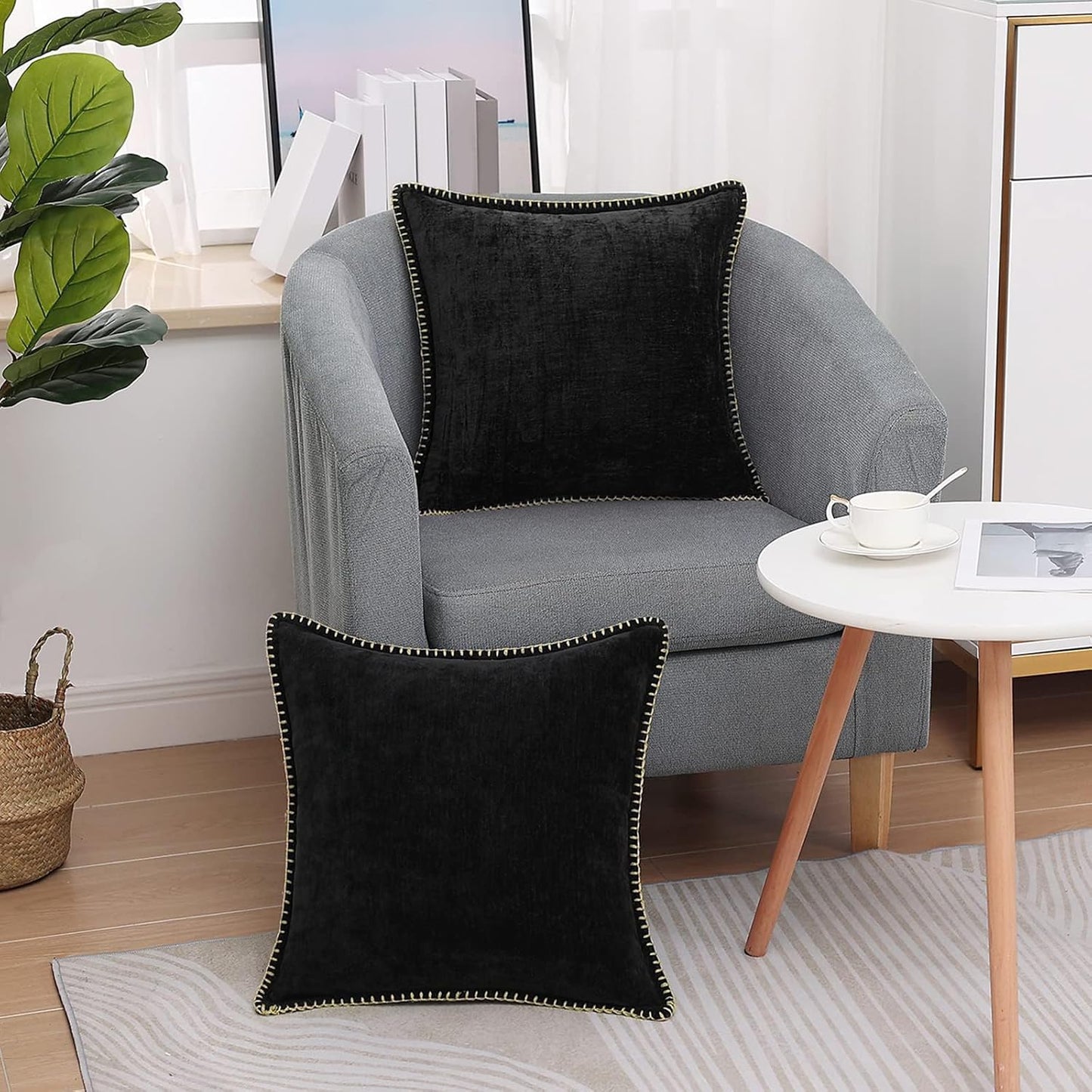 decorUhome Chenille Soft Throw Pillow Covers 18x18 Set of 2, Farmhouse Velvet Neutral Decorative Euro Pillow Covers with Stitched Edge for Couch Sofa Bed Home Decor, Black