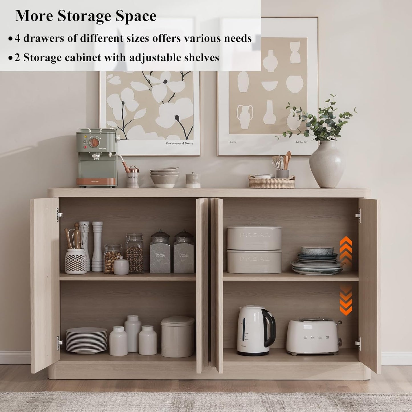 Fluted Buffet Cabinet with Storage, 60" Sideboard Buffet Accent Cabinet with 4 Door & Solid Wood Handle, Modern Buffet Table Credenza Console Cabinets for Living Room, Dining Room, Kitchen, Oak(1PCS)