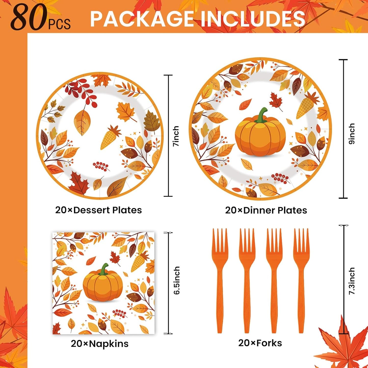 80pcs Fall Thanksgiving Paper Plates and Napkins Forks Dinner Cake Plates Autumn Leaves Pumpkin Party Decorations for Fall Thanksgiving Holiday Wedding Birthday,Serves 20 (fall)