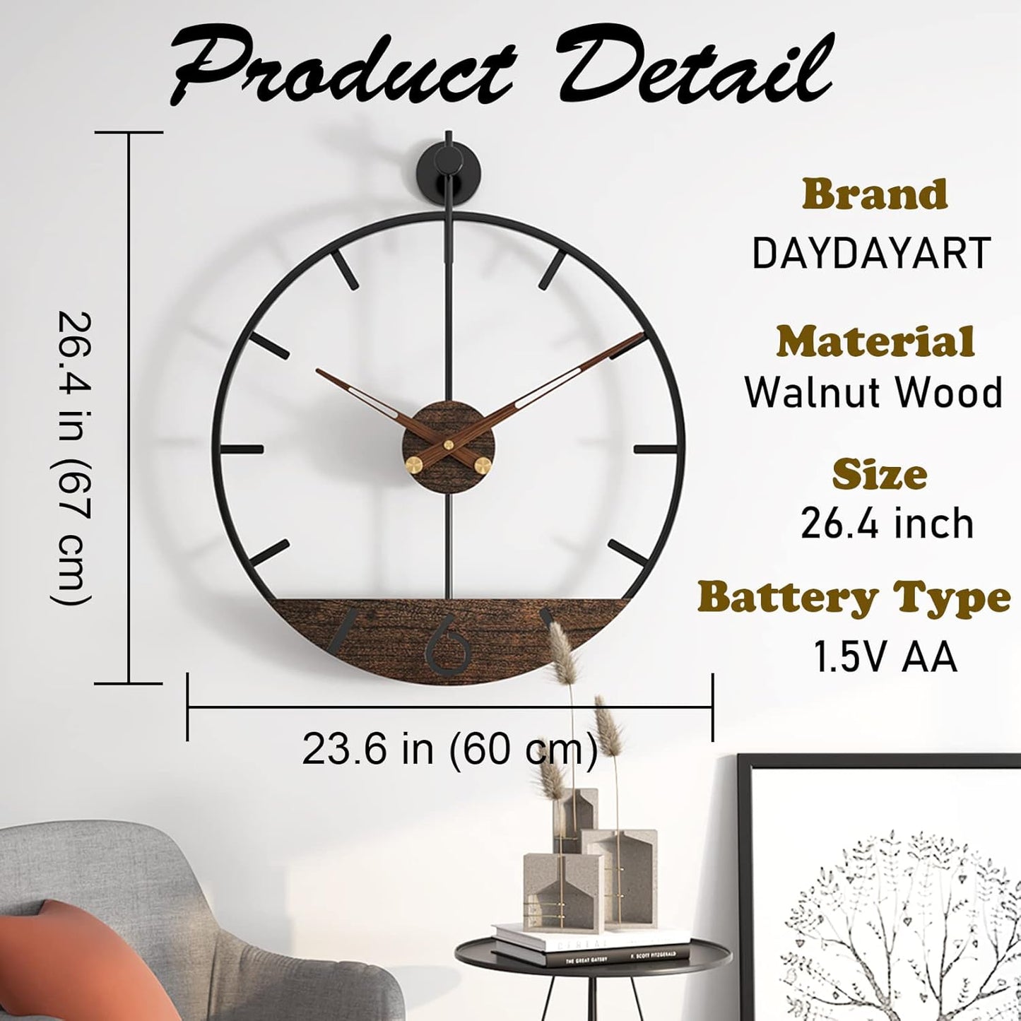 Modern Wood Walnut Dial Wall Clock, Large Simple Wall Decor Metal Frame Silent Non Ticking Clock for Living Room Decor, Kitchen, Bedroom, Study Decoration, Handmade Home Gift Idea, 26.4 in