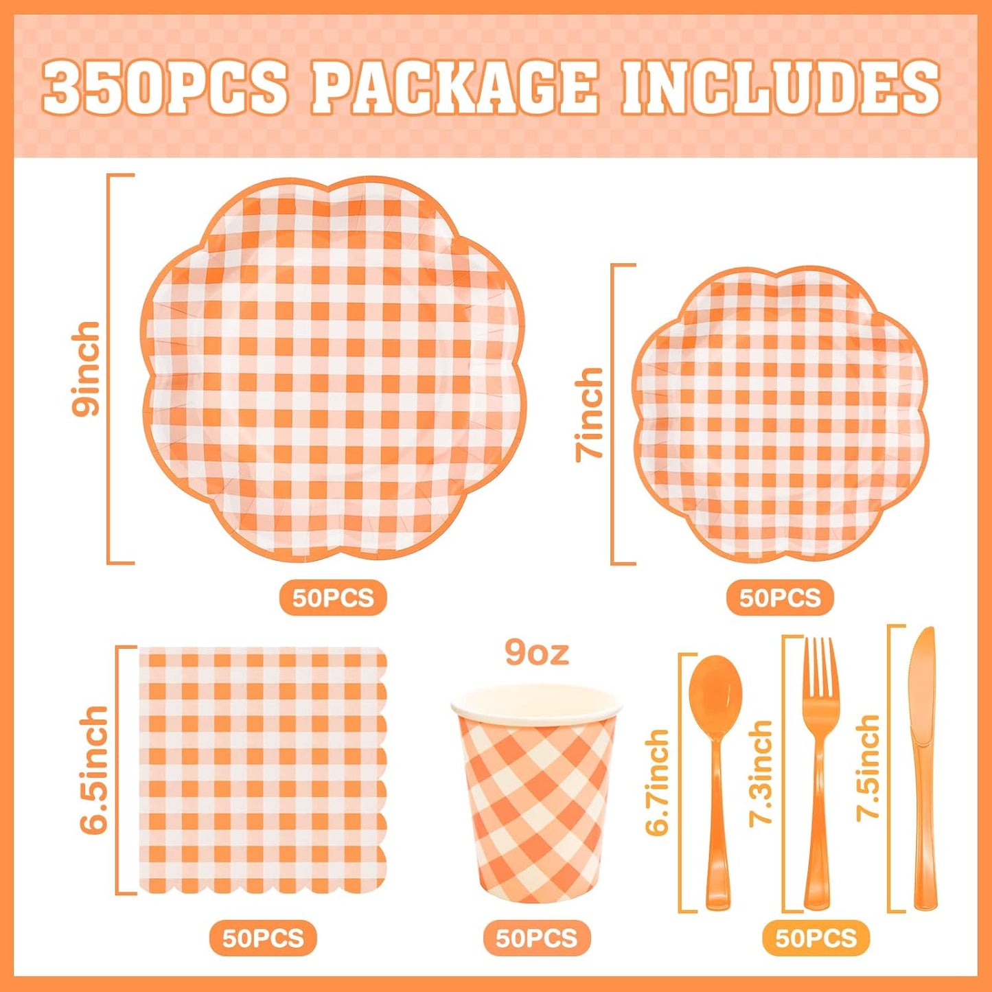 350 Pcs Orange and White Gingham Party Supplies - Orange Gingham Paper Plates and Napkins Sets Serve 50 - Scalloped Checkered Plates for Birthday Picnic Fall Halloween Thanksgivng Party Decorations