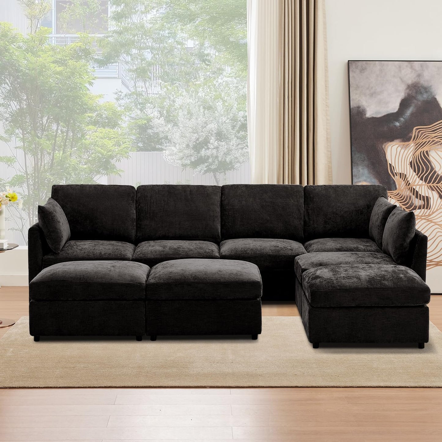 Tbfit L Shaped Couch 8 Seat, Sectional Sofa for Living Room,Chenille Cloud Couch with Ottoman, Black
