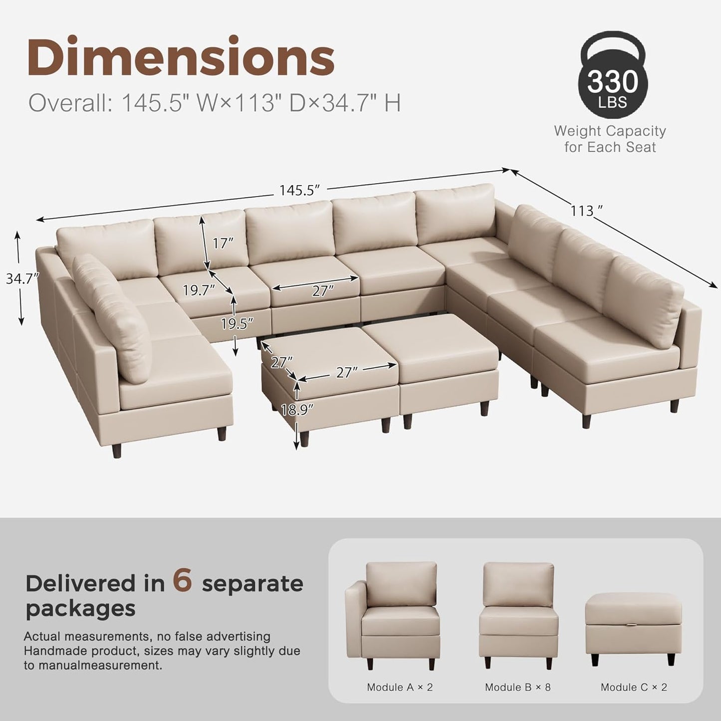 Oversized 145.5" Faux Leather Modular Sectional Sofa, Modern Large 12 Seater U Shaped Couch with Storage Seat with Reversible Chaise Deep Seat for Living Room DIY Combination - Whitesand