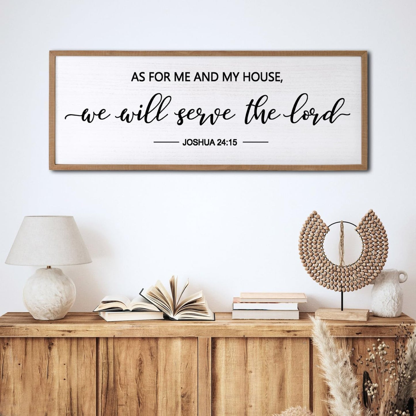 As For Me And My House We Will Serve The Lord Framed Wall Art, 32''×12'' Horizontal Positive Religious Rustic Bible Verse, Vintage Holy Catholic Scripture Decor for Christian God Jesus Christ Prayer