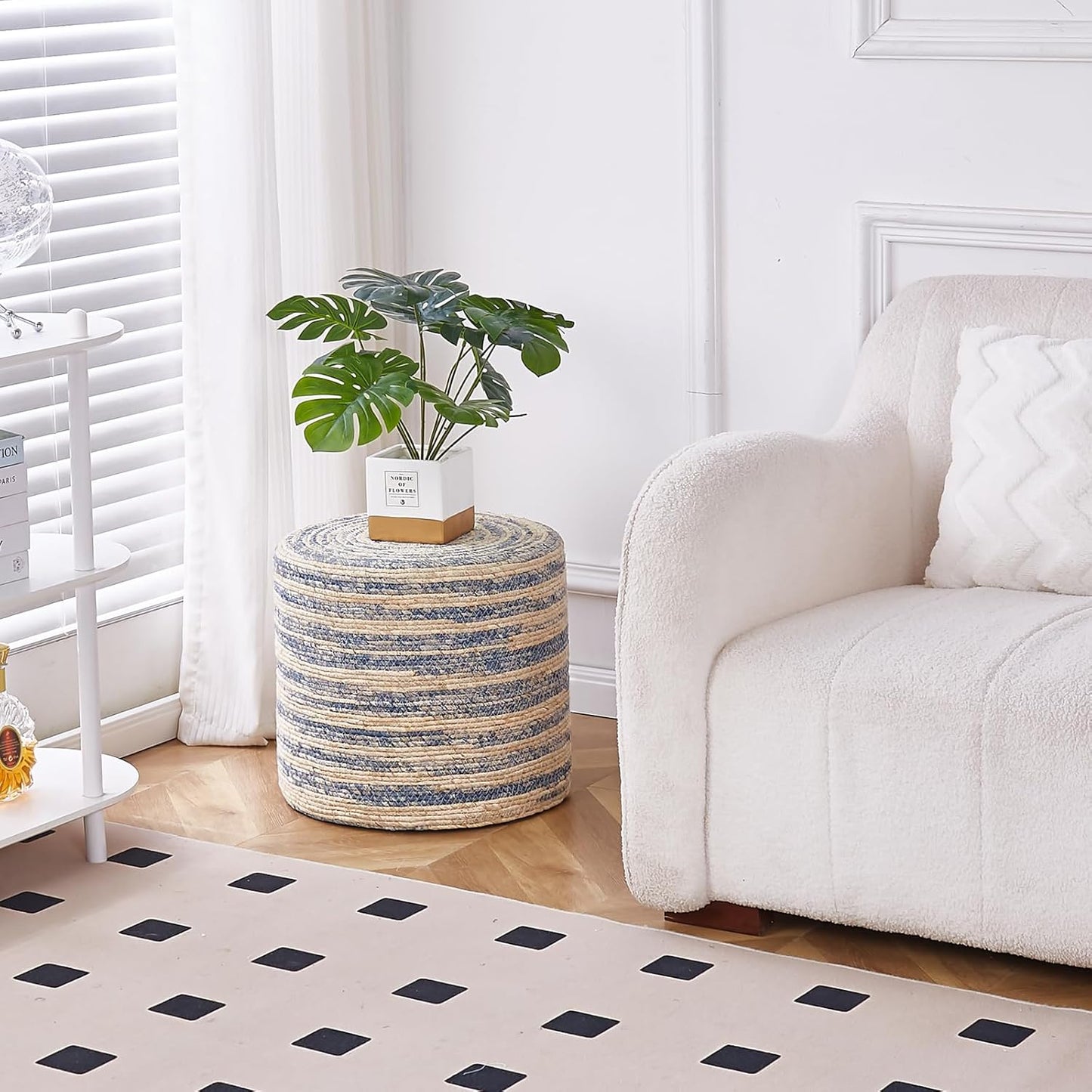 Wimarsbon 18'' Ottoman Pouf, Natural Braided Poof, Rustic Handweave Lounge Pouffe, Boho Footrest Stool for Bedroom, Accent Table for Living Room (Blue Corn Husk)