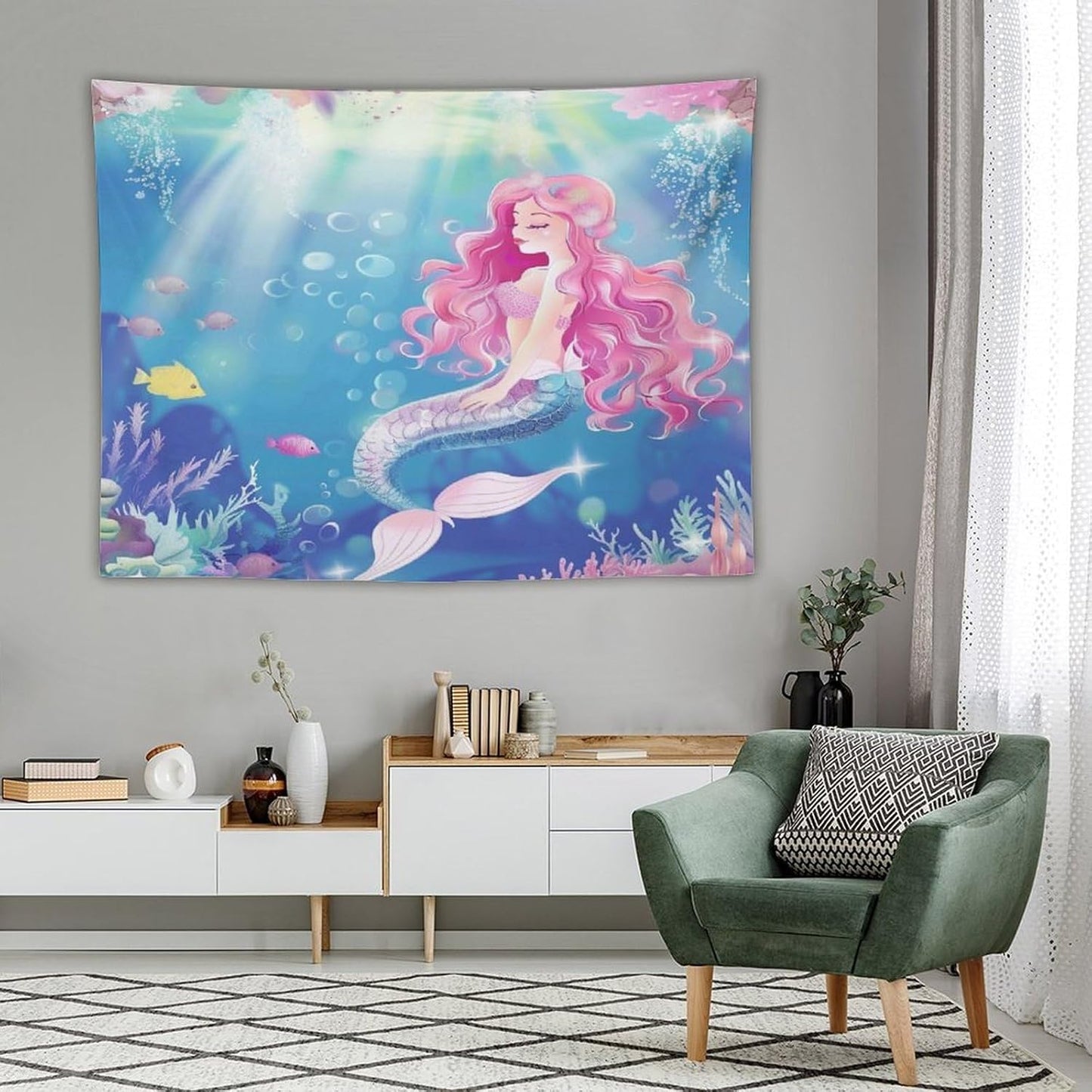 HZOHNAGO Mermaid Girls Tapestry Watercolor Mermaid Princess Pink Hair Pattern for Kids Room Decoration Printed Wall Tapestry Wall Hanging for Bedroom Living Room Dorm 80" W x 60" H