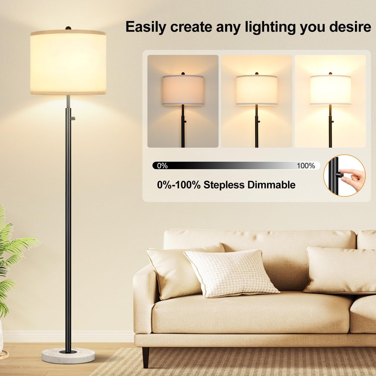 Nintiue Dimmable Floor Lamp for Living Room, 11W LED Bulb Included, Modern Standing Lamp with Marble Base, Tall Pole Light with White Linen Shade for Bedroom Reading Office Corner Nursery-Black