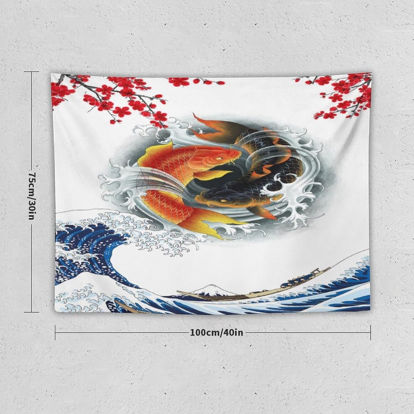 Houselerax Koi Fish Tapestry, Japanese Style Yin Yang Big Wave Cherry Blossoms Tapestries Wall Hanging for Bedroom Living Room Office Decor 40"x30"