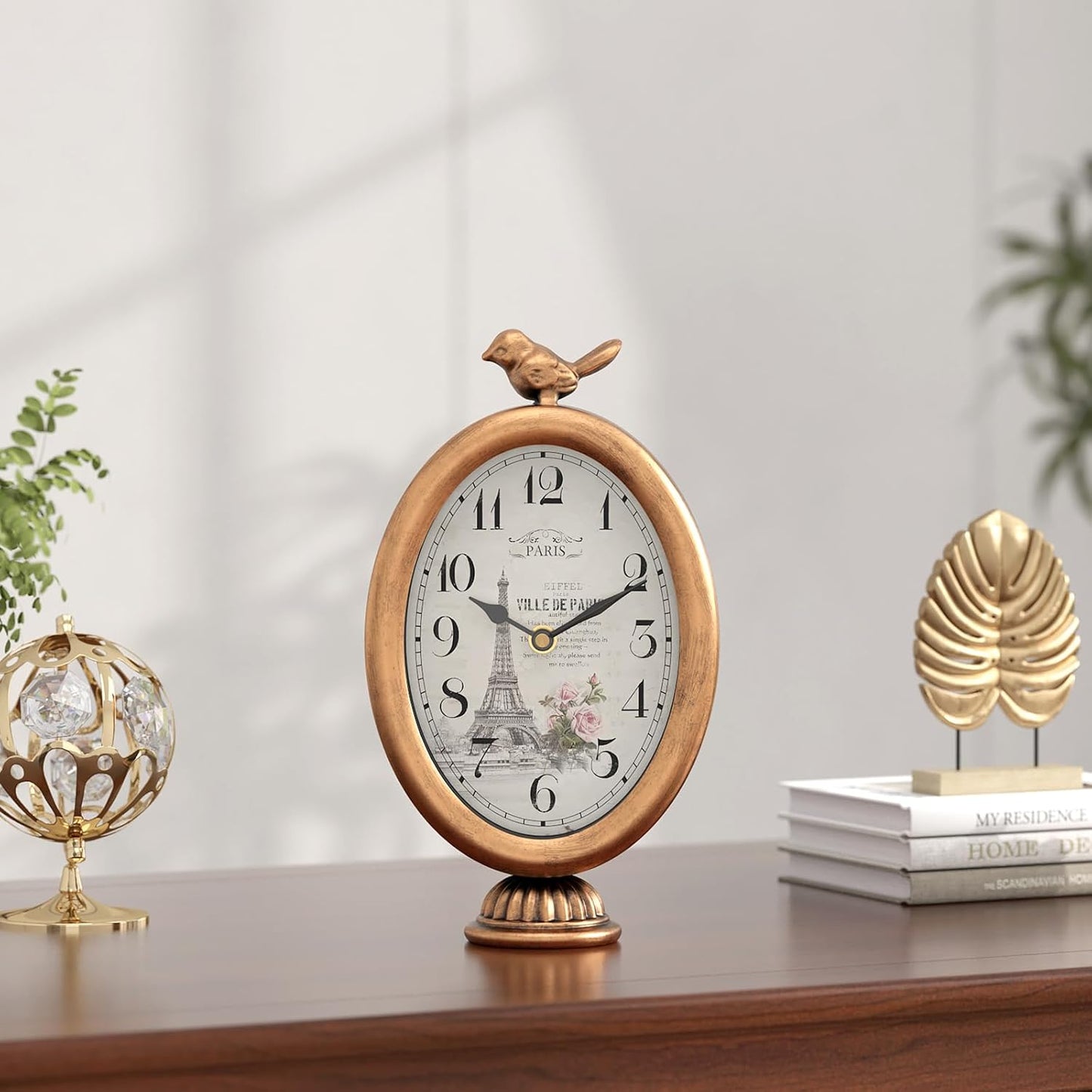 Vintage Table Clock with Bird, Desk and Shelf Decor Clock, French Paris Style, Antique Gold Metal Mantel Clocks for Living Room, Farmhouse, Bedroom, Bedside, Gift (10" H x 5.9" W)