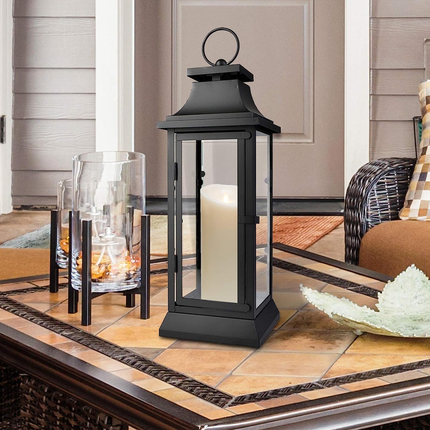 Serene Spaces Living Set of 4 Black Hurricane Lanterns with Clear Glass Panels - Ideal for Home Decor, Parties & Events - Table Top or Hanging Lantern for Indoor & Outdoor Use - Measures 15" Tall
