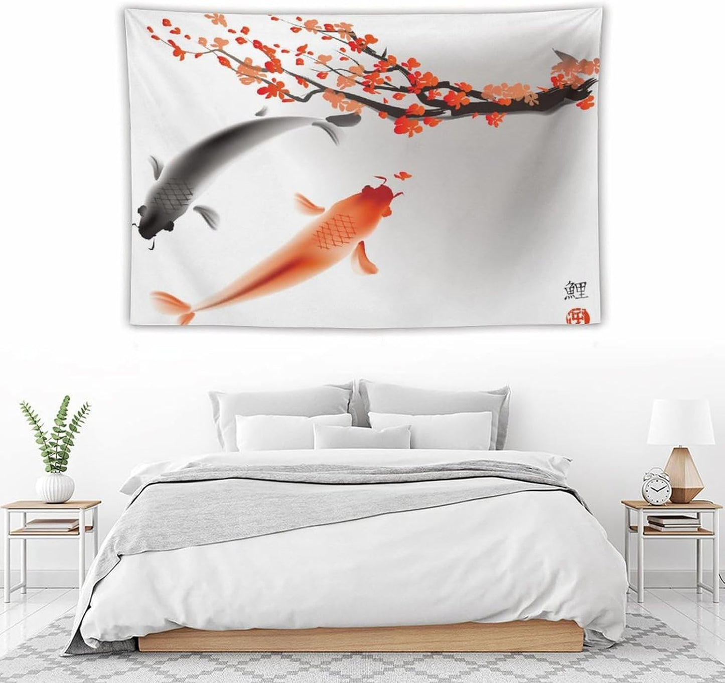Houselerax Japanese Koi Fish Tapestry, Cherry Blossoms Asian Oriental Flower Branch Koi Fish Carp Tapestries Wall Hanging for Bedroom Living Room Office Decor 90"x60"