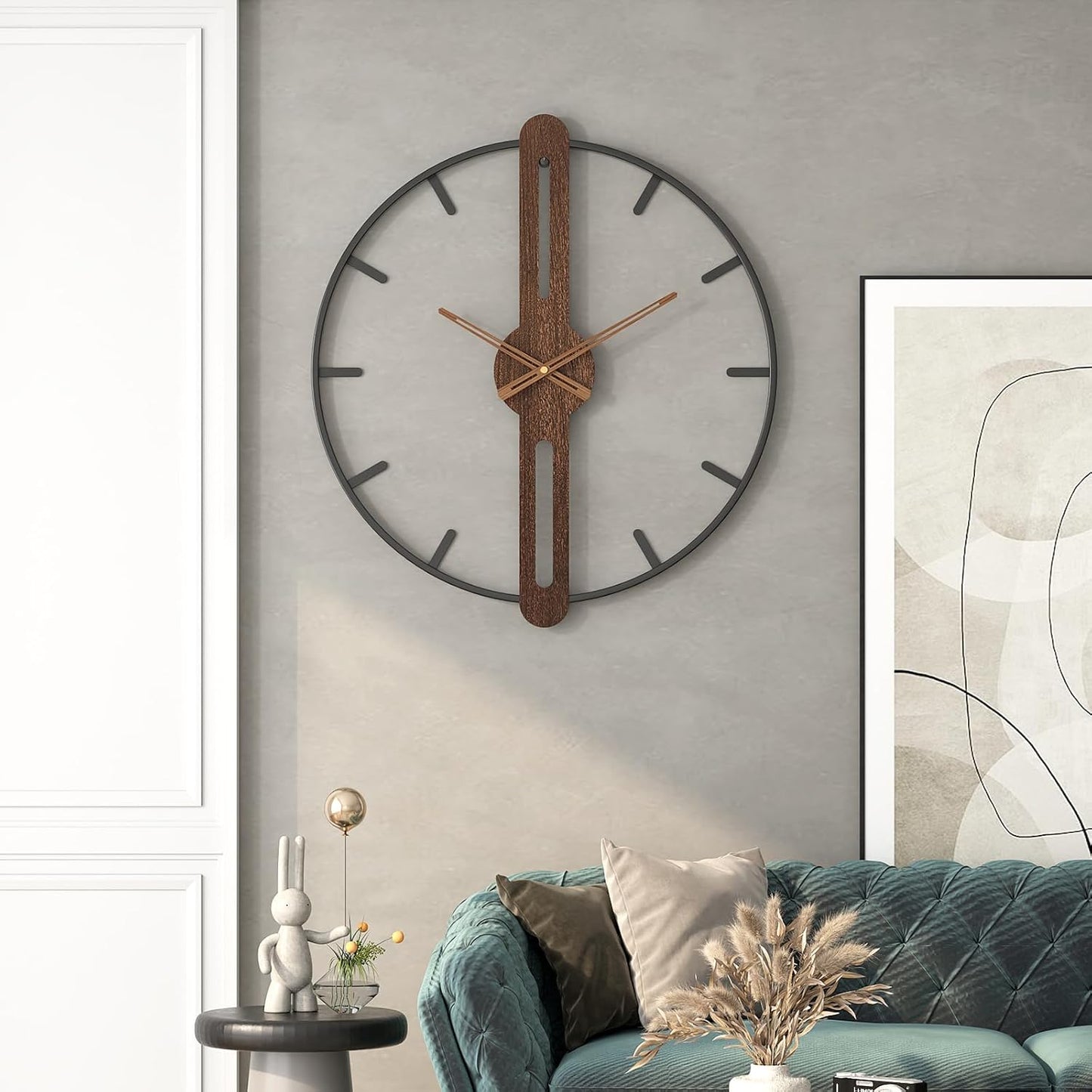 Modern Walnut Dial Wall Clock, Wood Large Wall Clock Decor Metal Frame Silent Non Ticking for Living Room, Bedroom, Kitchen, Study Decoration, Handmade Home Present Idea, 24 in （60 cm）