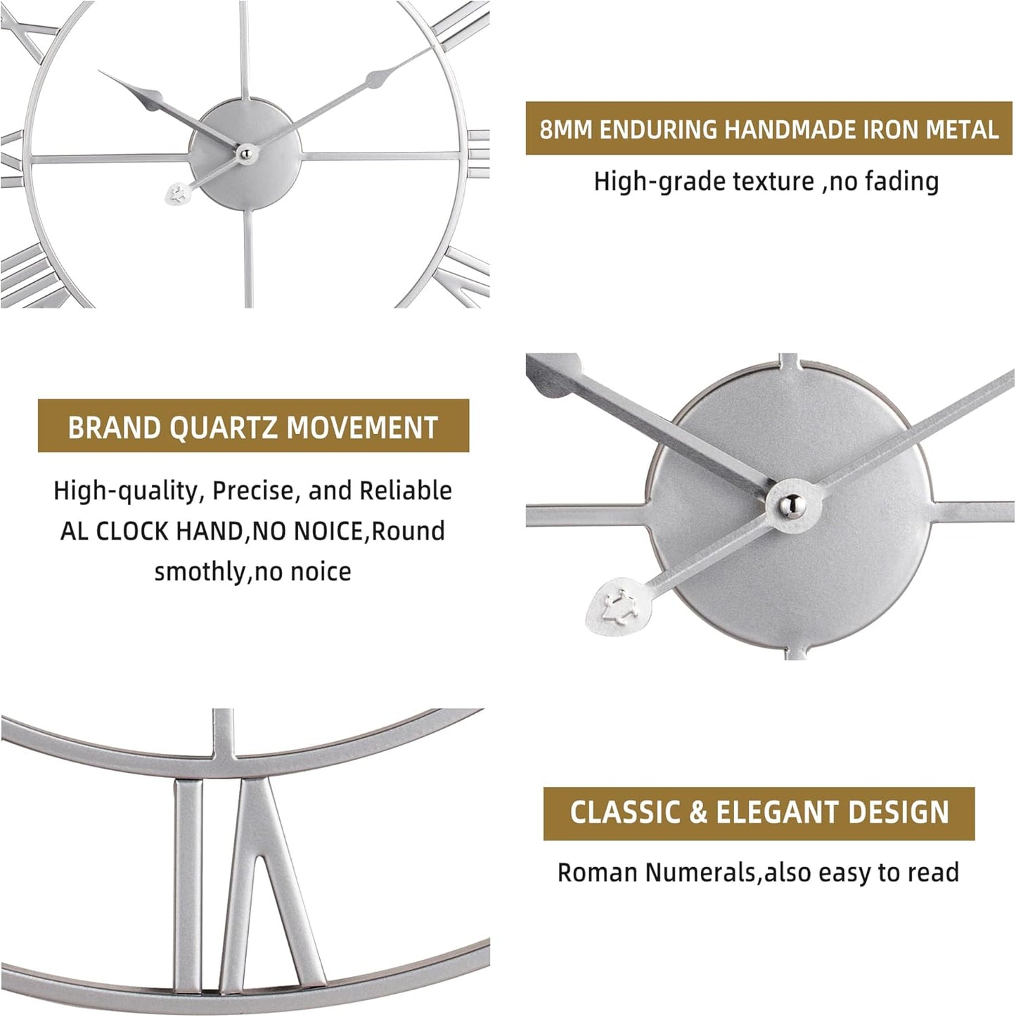 Large Wall Clock for Living Room Decor - 60cm/ 24 Inches Silent Non-Ticking Metal Wall Clocks Battery Operated, Vintage Decorative Modern Wall Clock for Bedroom, Office, Farmhouse Decor