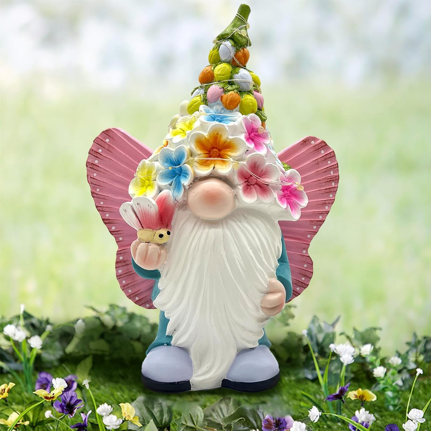 BAYN Garden Gnome Statues Outdoor Decor, Solar Powered Outdoor Gnome with Butterfly Wing Decorative Yard Garden Lights Art Gifts with 11 Warm White LEDs