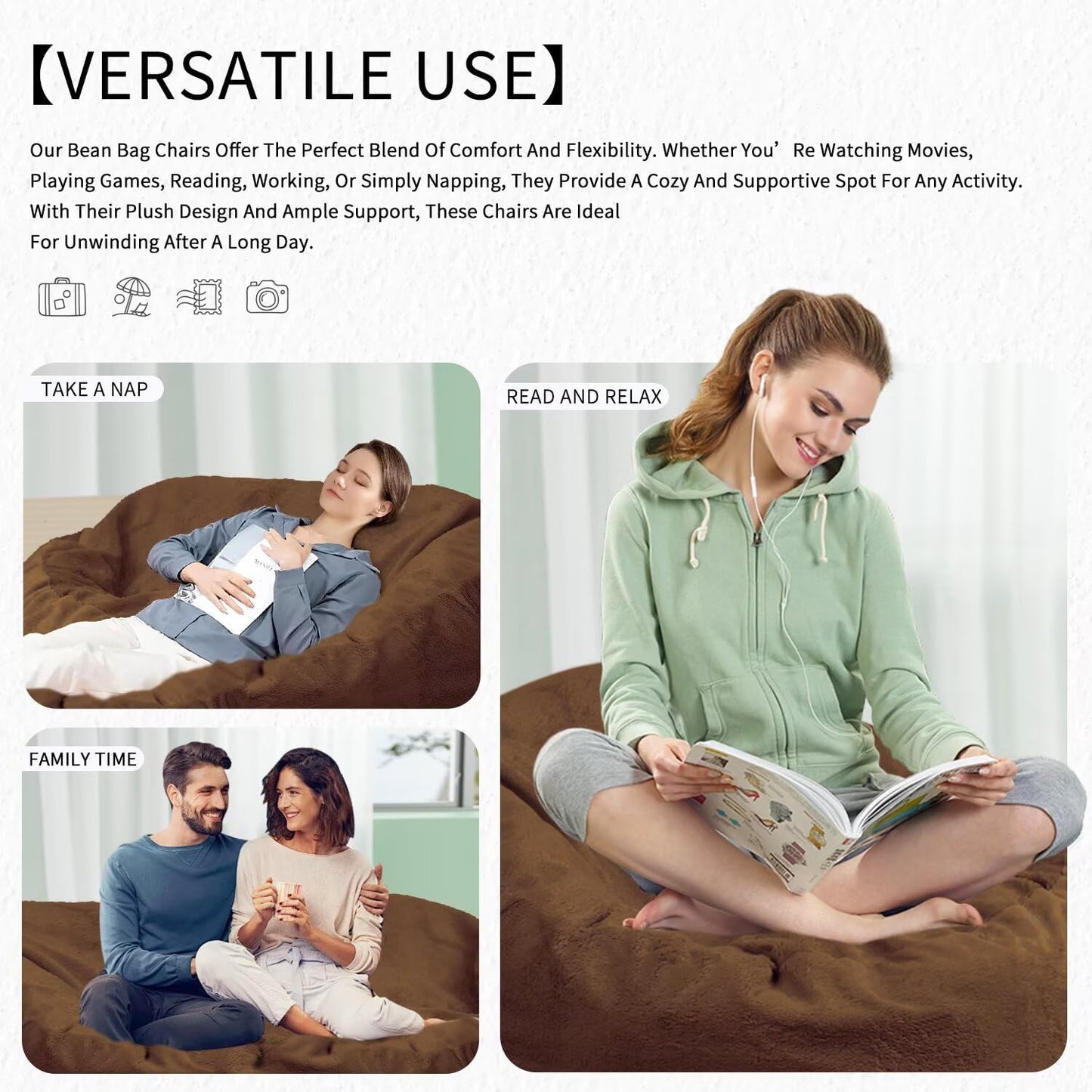 Bean Bag Chair for Adults 8FT,Soft Removable Cover for Teens/Girls Bedroom,Fluffy Giant Round Floor Beanbag Lounger Chairs (No Filler,Deep Coffee)