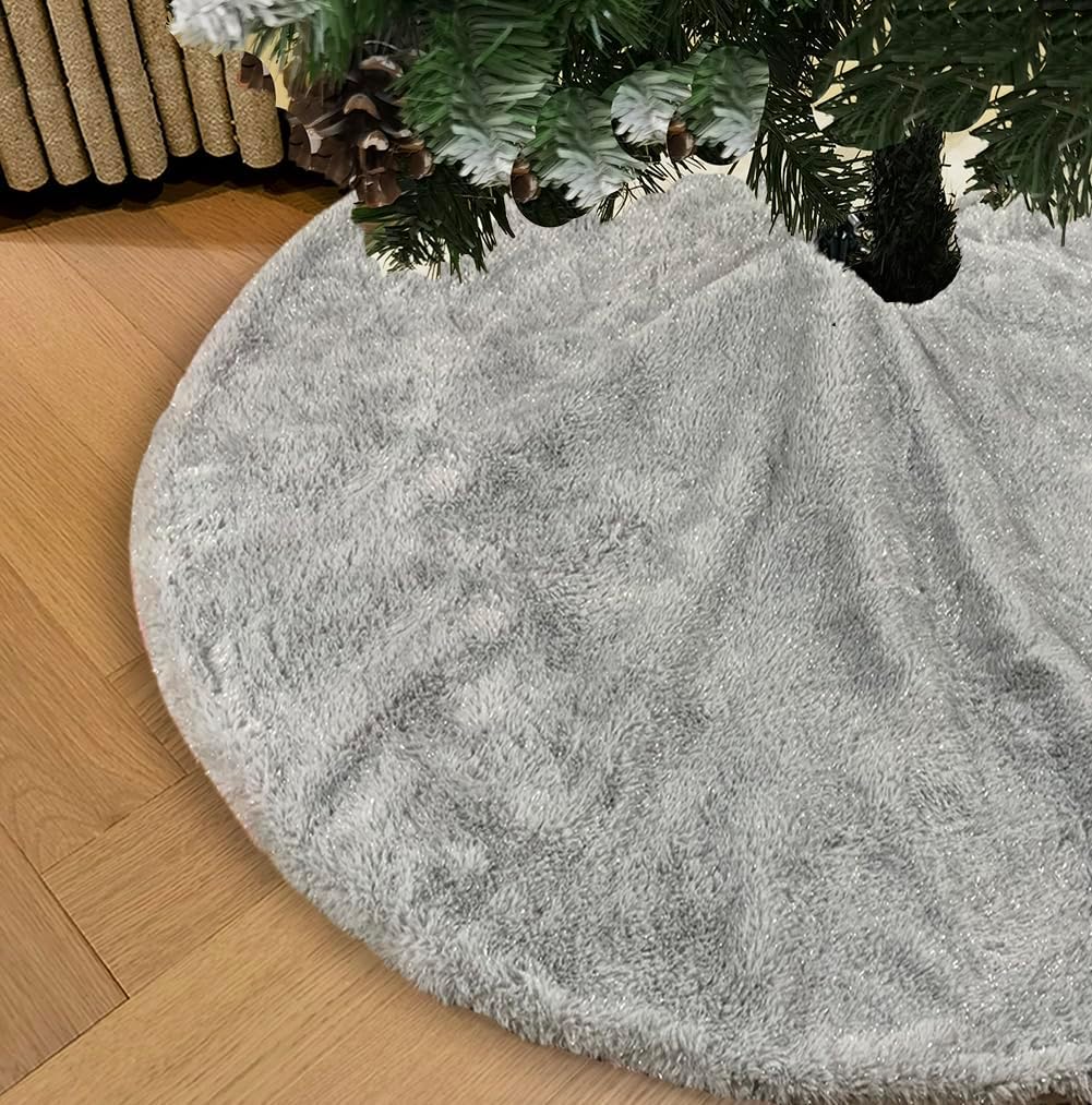 AISENO 36 Inch Christmas Tree Skirt Faux Fur Grey Bright Silk Shiny Decoration for Christmas Tree Plush Merry Christmas Decorations Decor
