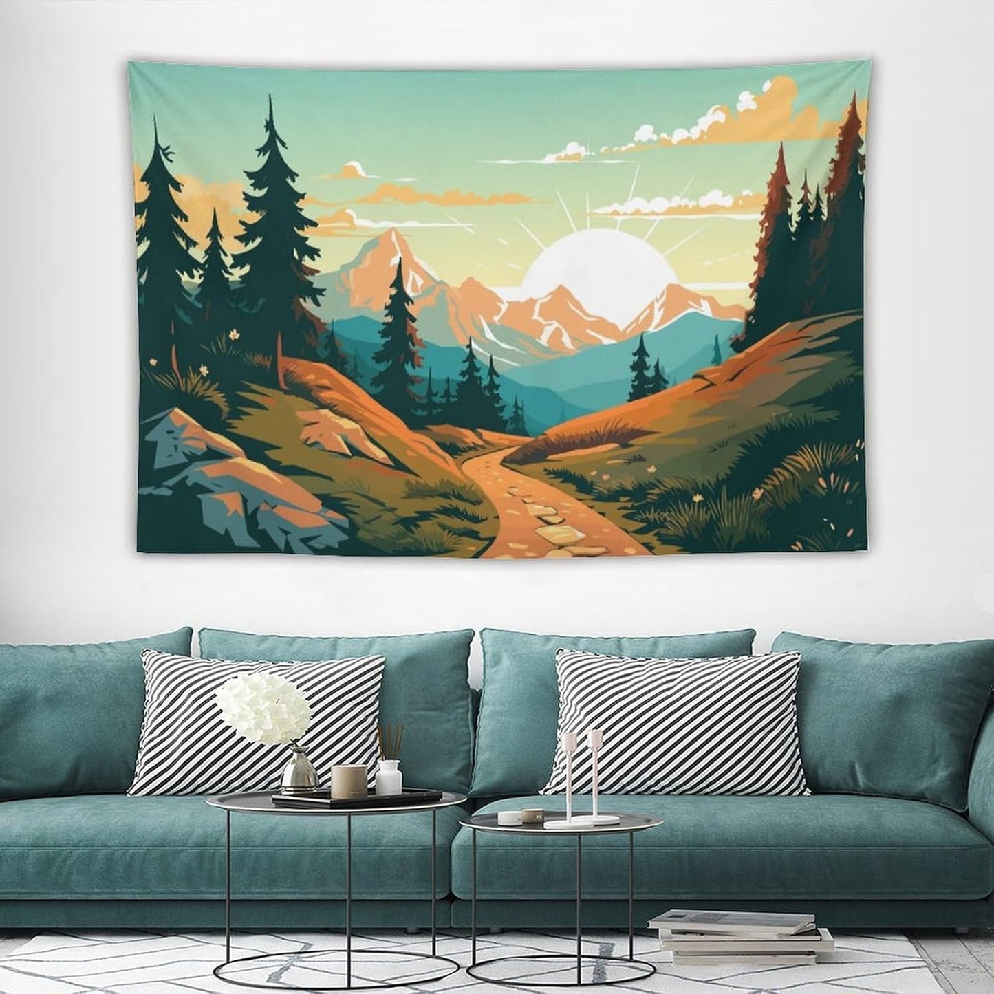 HZOHNAGO Mountain Tapestry Forest Mountain Sunrise Road Pattern Printed Wall Tapestry Wall Hanging for Bedroom Living Room Dorm 90" W x 60" H