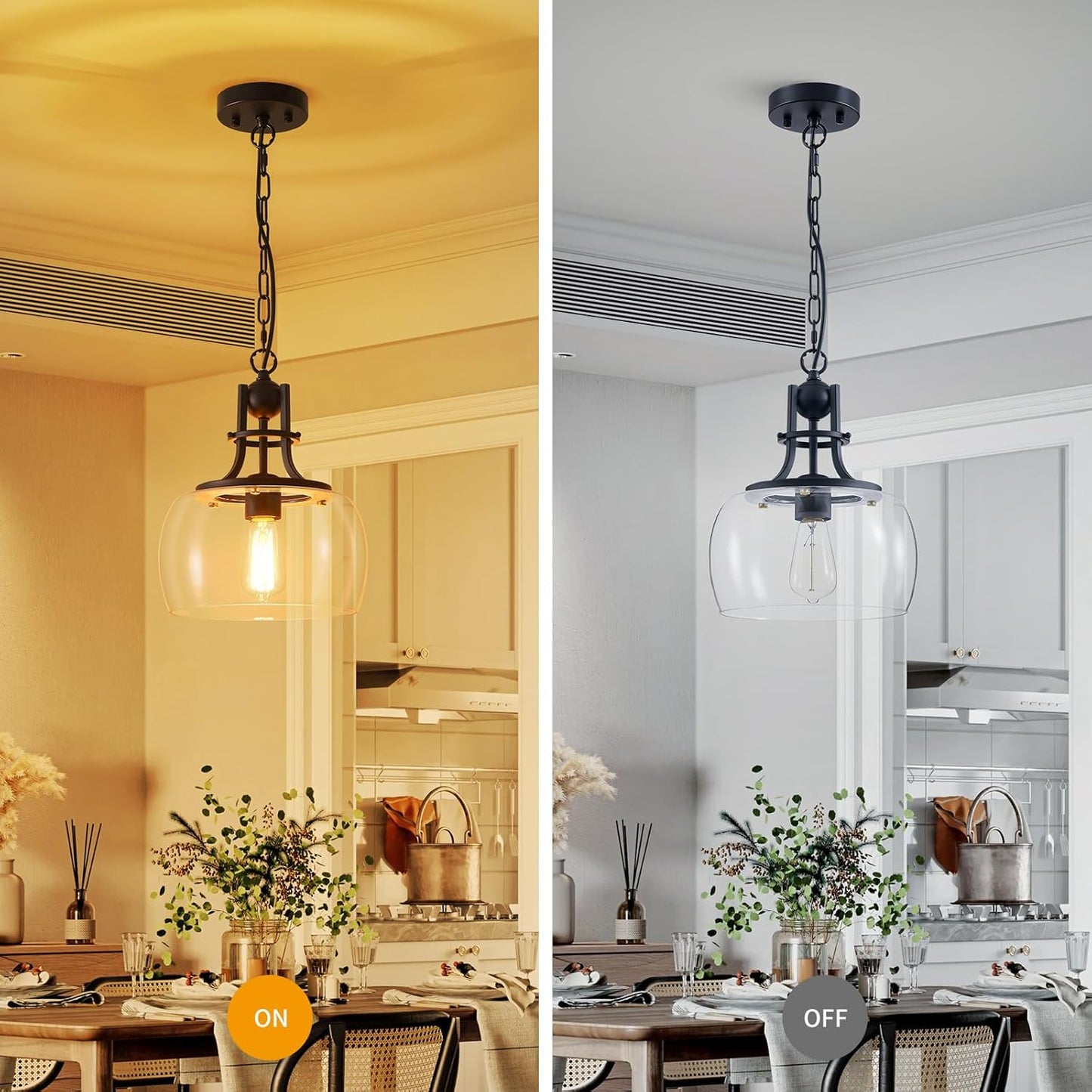 WUZUPS Chandelier Rustic Farmhouse Industrial Round Ceiling Pendant LED Light Fixture with Clear Glass Shades for Dining Room Kitchen Island Foyer Entryway, H 13" x W 10", E26 Base, Black