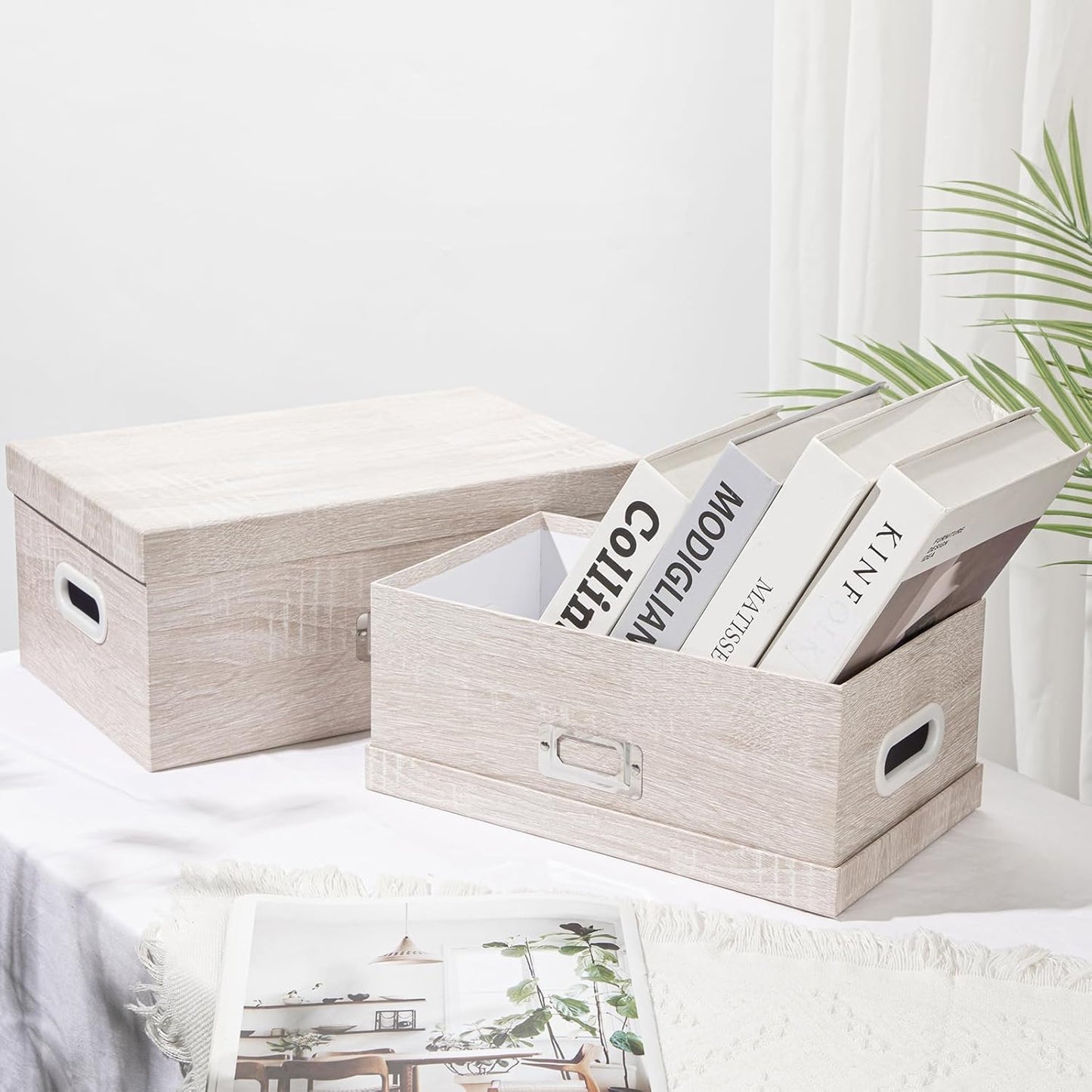 Briful Set of 2 Rustic Wood Grain Storage Boxes with Lids – Stackable Rectangular Organizer Bins, 14'' + 13'' Set Decorative Storage Containers for Bedroom, Living Room, Gifts