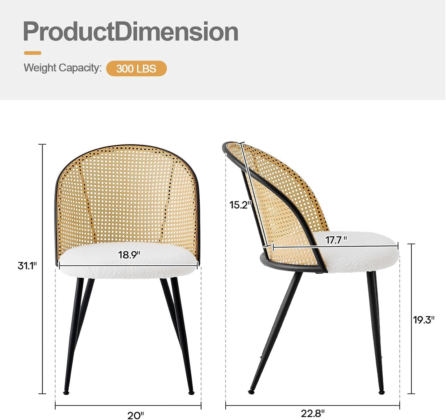 Rattan Dining Chairs Set of 6, Mid-Century Modern Kitchen Dining Room Chairs with Full Cane Backrest Armless Upholstered Farmhouse Boucle Dining Chairs with Metal Leqs for Dining Room, White