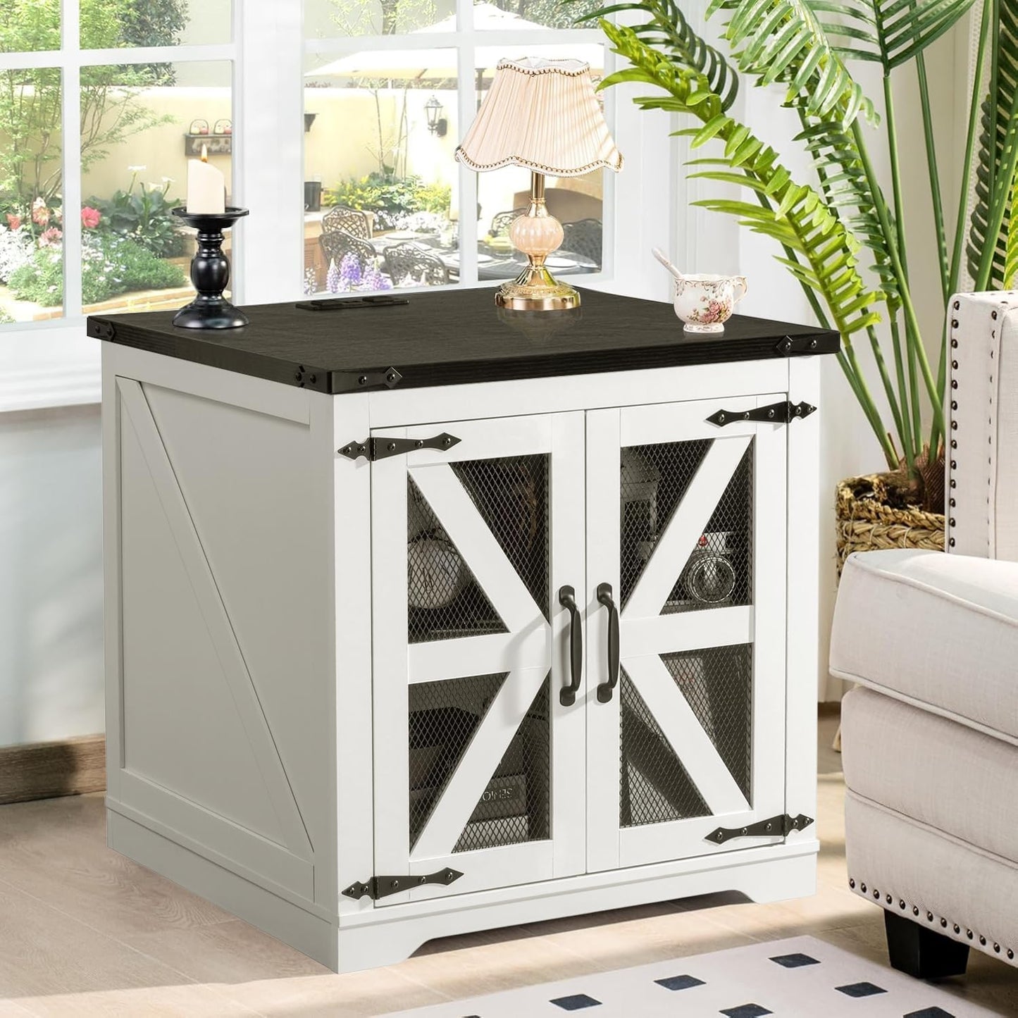 Farmhouse End Table, 24" Large Sofa Side Table with Charging Station, Mesh Barn Door, White Nightstand with Adjustable Storage Shelf, Square Nightstand for Living Room, Bedroom, Office